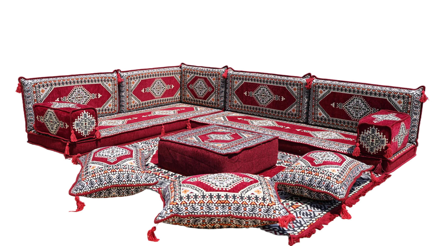 L Shaped Arabic Floor Cushions, Sectional Sofas, Arabic Majlis Set, Custom Made Sofa, Arabic Sofa Set, Seating Cushions (4'' Thickness Sofa, L Sofa Full Set, Burgundy)