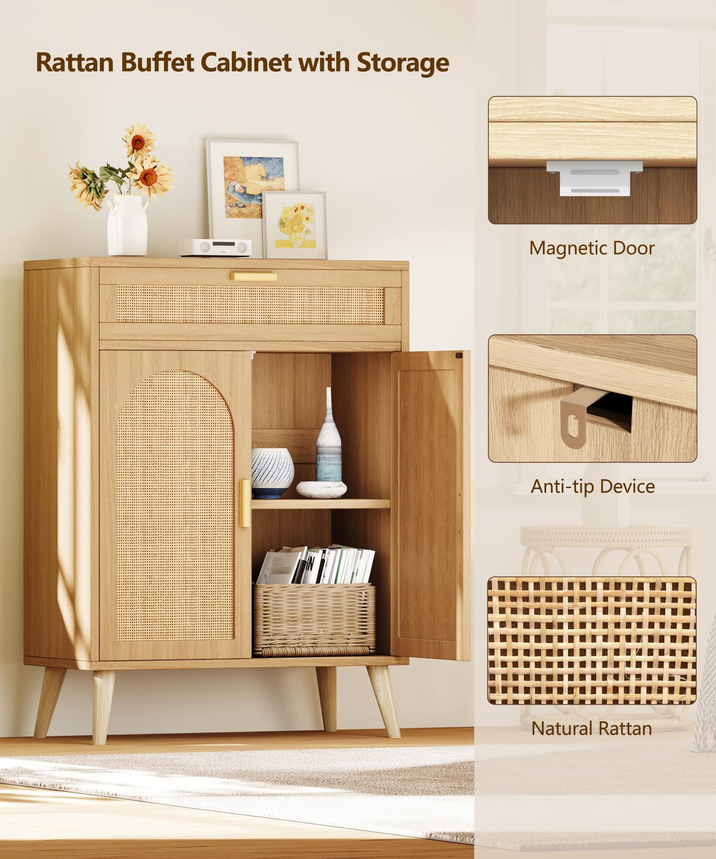 Rattan Sideboard Buffet Cabinet with Storage, Boho Sideboard with Drawer & Adjustable Shelf, Kitchen Floor Cabinet with 2 Doors & Solid Wood Feet, Coffee Bar for Entryway, Living Room, Natural Oak