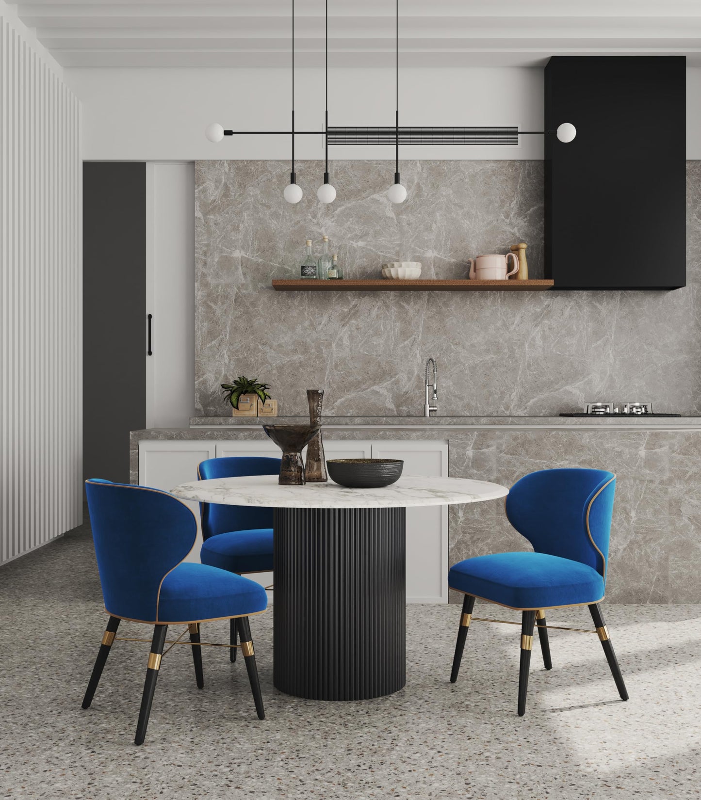 Manhattan Comfort Strine Modern Rounded Back Dining Chair Upholstered in Velvet & Leatherette with High-Density Foam Padding, Wood Frame & Criss Cross Gold Metal Base, Set of 1, Blue
