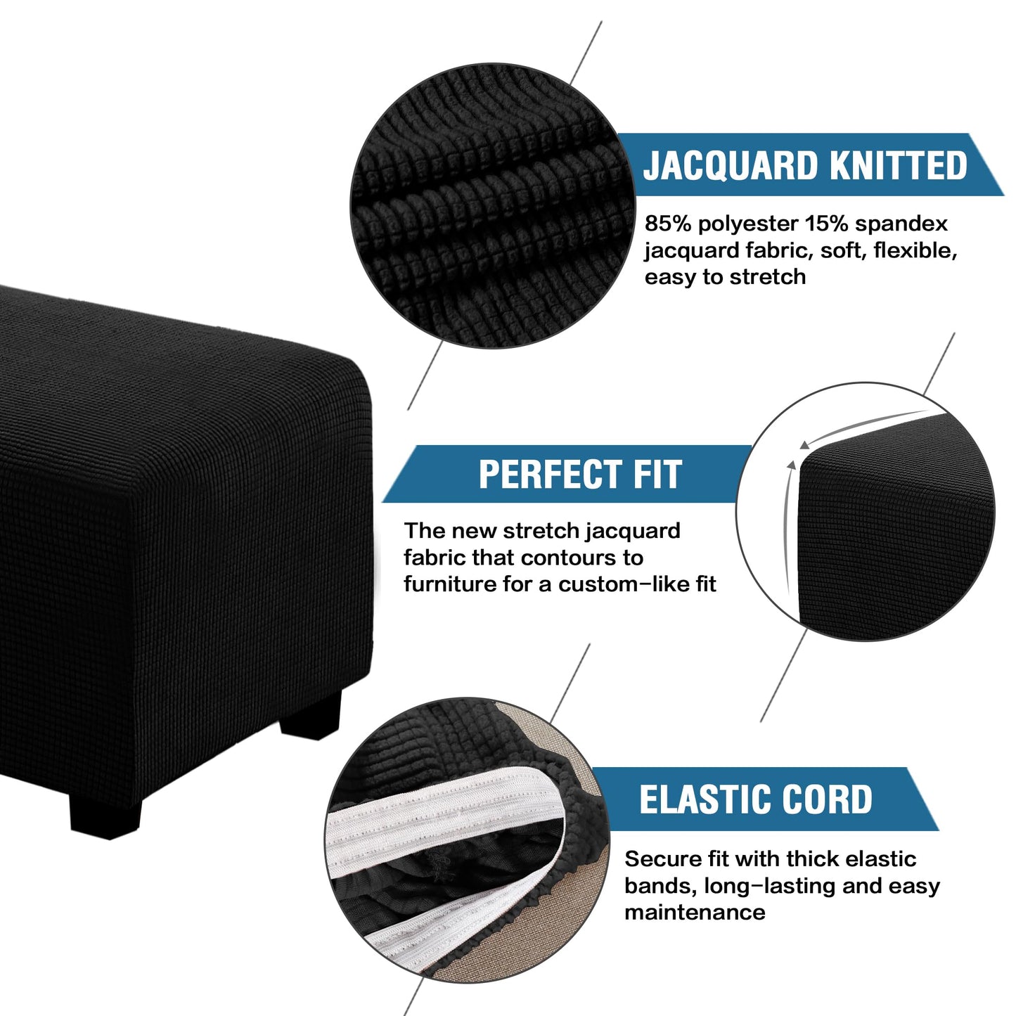 H.VERSAILTEX Ottoman Cover Slipcover Rectangle Fit Length 29"-34" Footrest Sofa Slipcovers Stool Cover Footstool Protector Covers Feature Stretch Thick Soft Jacquard Fabric Removable Washable - Black