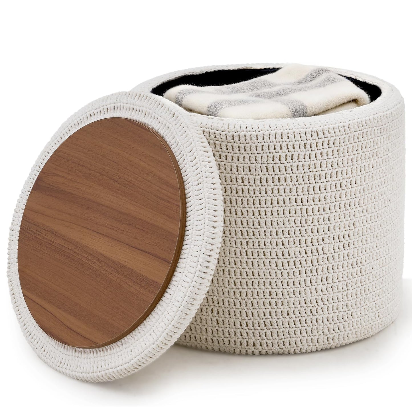 Wimarsbon Pouf Ottoman, 100% Cotton Knitted Boho Footstool, Round Footrest with Non-Skid Wood Legs, Home Décor Handmade Pouffe, Leisure Floor Step Stool for Living Room (18inch White Storage Ottoman)