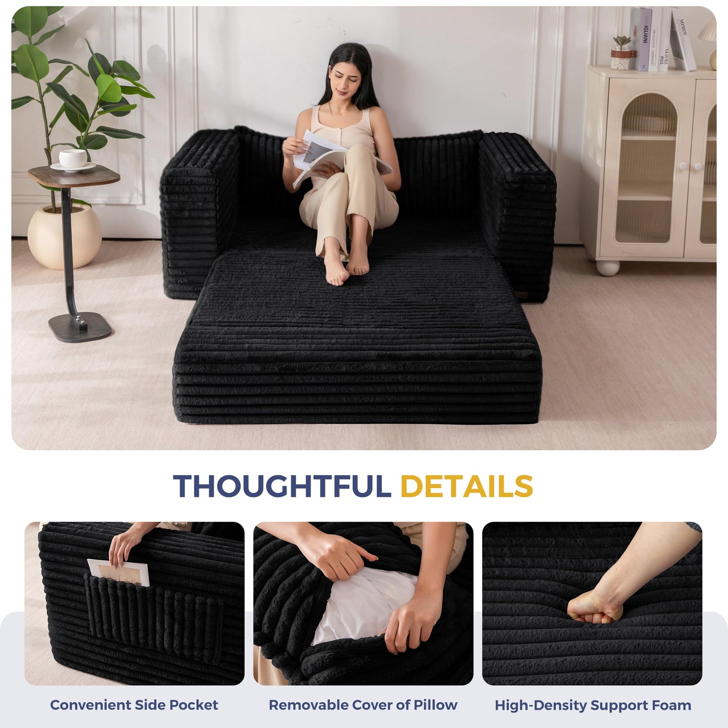 MAXYOYO Convertible Sofa Bed, 2 in 1 Folding Couch Bed for Small Space, Pull Out Loveseat Sofa Couch with Large Back Pillow, Plush Faux Fabric Lounge Couch for Living Room, Apartment, Black