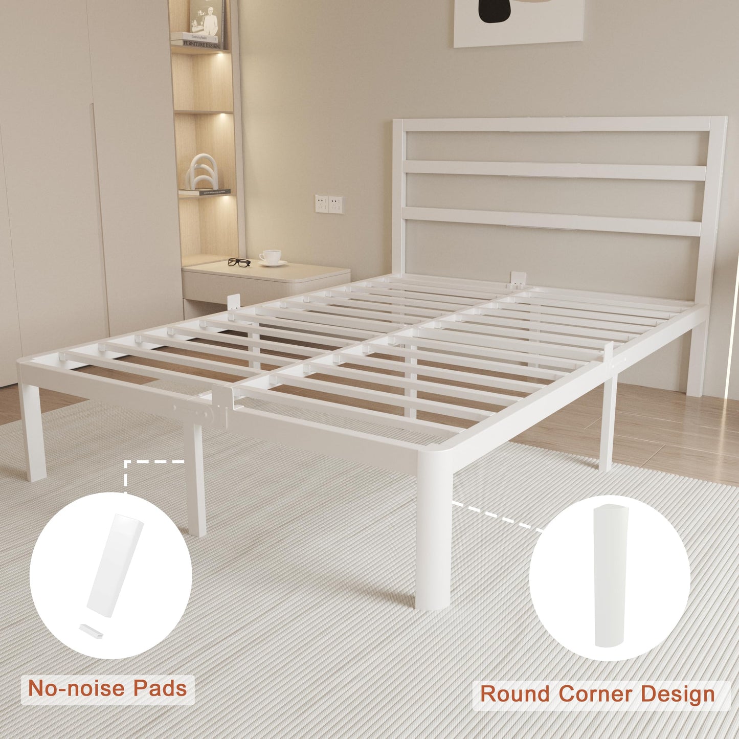ZKQ 14 Inch Full Bed Frame with Headboard, White Metal Full Size Bed Frame, No Box Spring Need, Anti-Slip Gaskets, Noise-Free, Heavy Duty Steel Platform Support, Easy Assembly