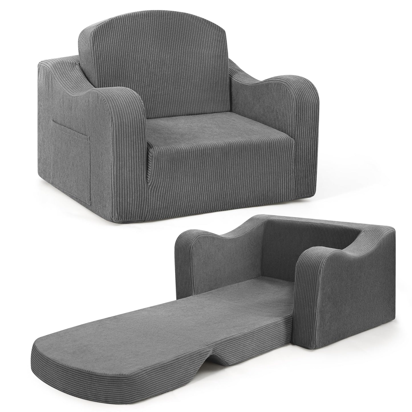 aodisman 2-in-1 Kids Chair and Couch, Thick Cozy Corduroy Kids Sofa, Convertible Foam Seating for Reading, Playing, Removable Washable Cover,Grey