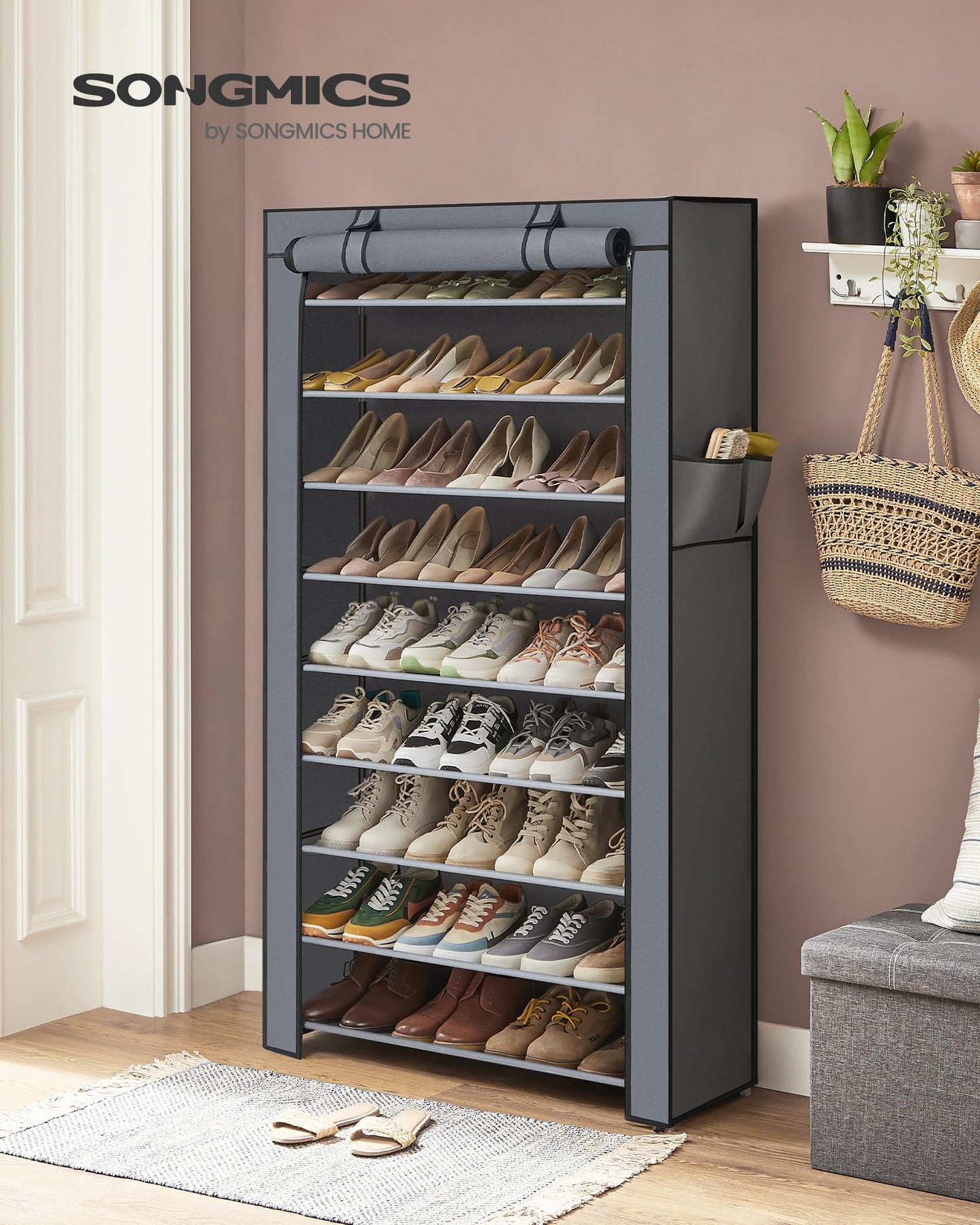 SONGMICS 10-Tier Shoe Rack, Shoe Storage Cabinet with Dustproof Cover, Free-Standing Shoe Storage Organizer for Closet, Entryway, Hold 40-50 Pairs of Shoes, for Sneakers, High Heels, Gray URXJ36G