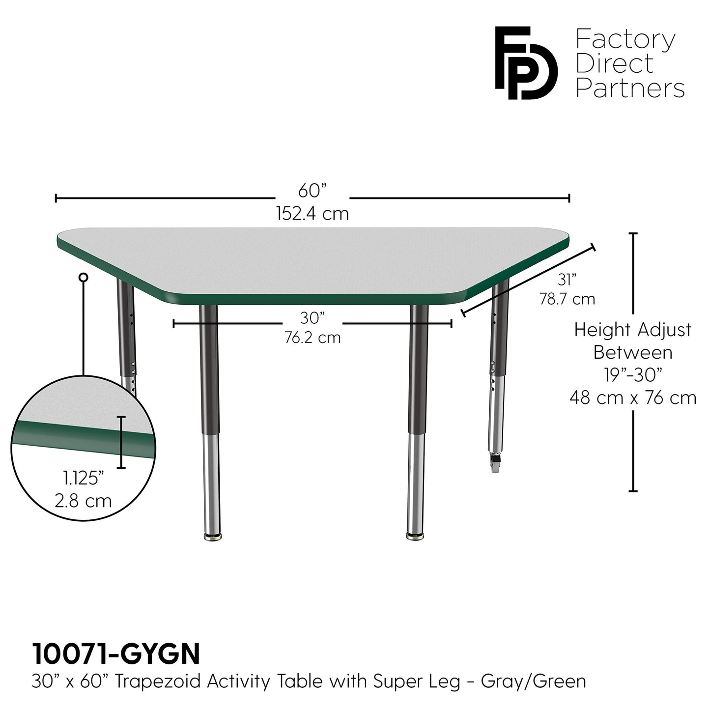 FDP Mobile Trapezoid Activity School and Office Table (30 x 60 inch), Super Legs with Glides and Casters for Collaborative Environments, Adjustable Height 19-30 inches - Gray Top and Green Edge