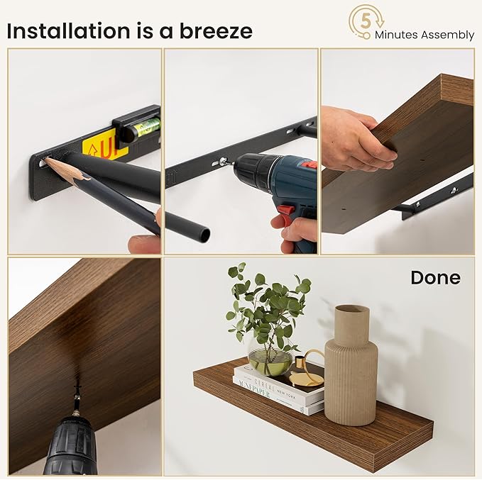 Fun Memories Floating Shelves for Wall, 66 Inch Long Set of 2 Rustic Wood Wall