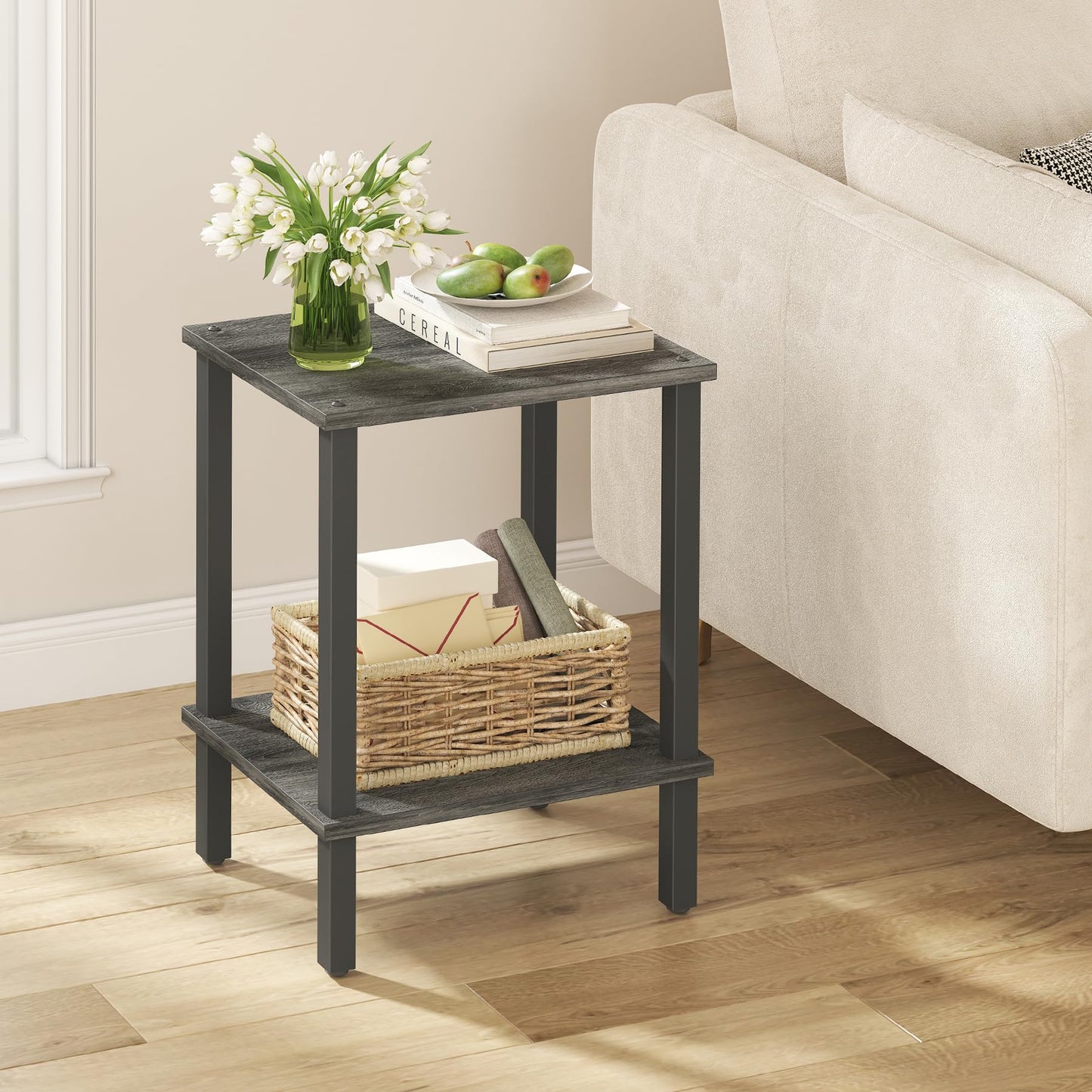 TUTOTAK End Table, Side Table, Nightstand, 2-Tier Storage Shelf, Sofa Table for Small Space, Living Room, Bed Room, Charcoal Grey TB01BY034