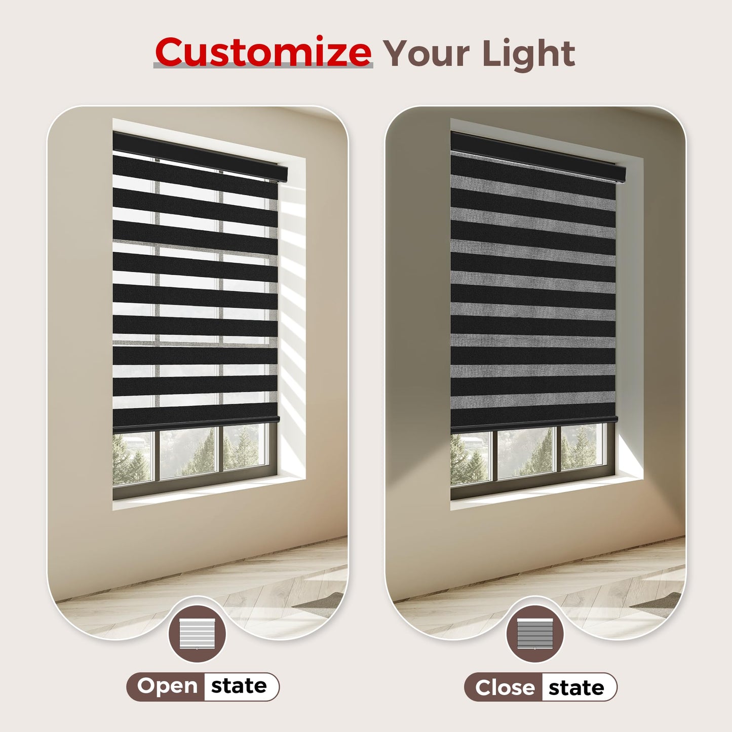 Allesin zen Cordless Zebra Blinds 22" W x 48" H Black, Dual Layer Day and Night Shades, Room Darkening Blackout & UV Protection, Child & Pet Safe, Easy Install, Home Office Window Treatment