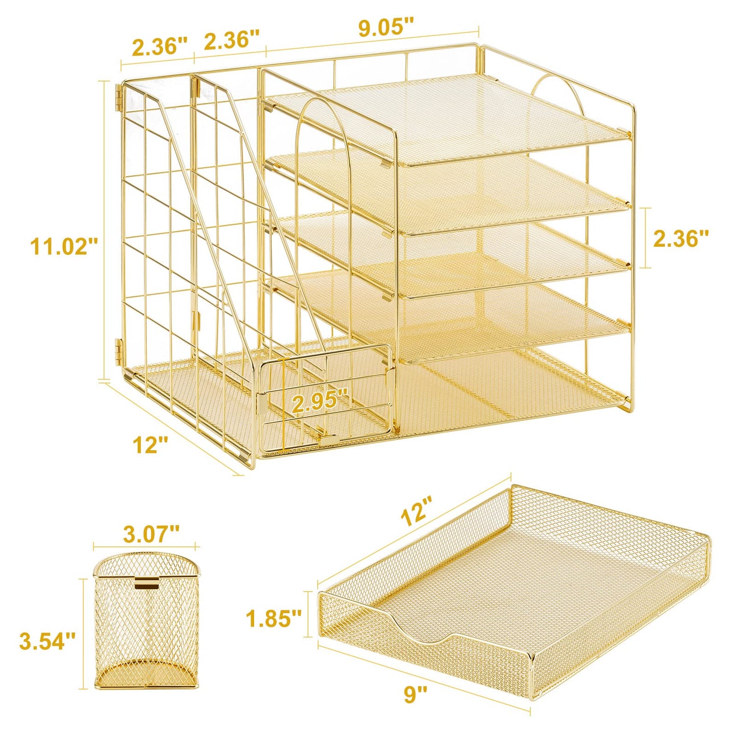 Marbrasse Desk Organizer with File Holder, 5-Tier Paper Letter Tray Organizer with Drawer and 2 Pen Holder, Mesh Desktop Organizer and Storage with Magazine Holder for Office Supplies (Gold 2p)