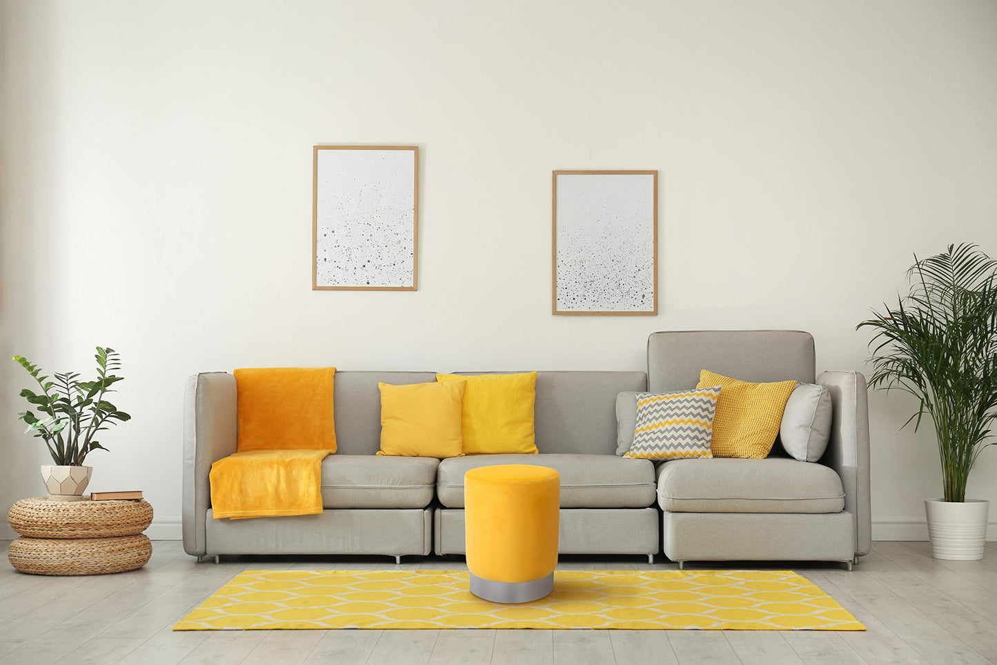 BIRDROCK HOME Round Ottoman Foot Stool – Modern Soft Padded Velvet Vanity Chair with Silver Metal Trim – Accent Chair or Foot Rest for Living Room, Bedroom, or Dressing Room (Yellow)
