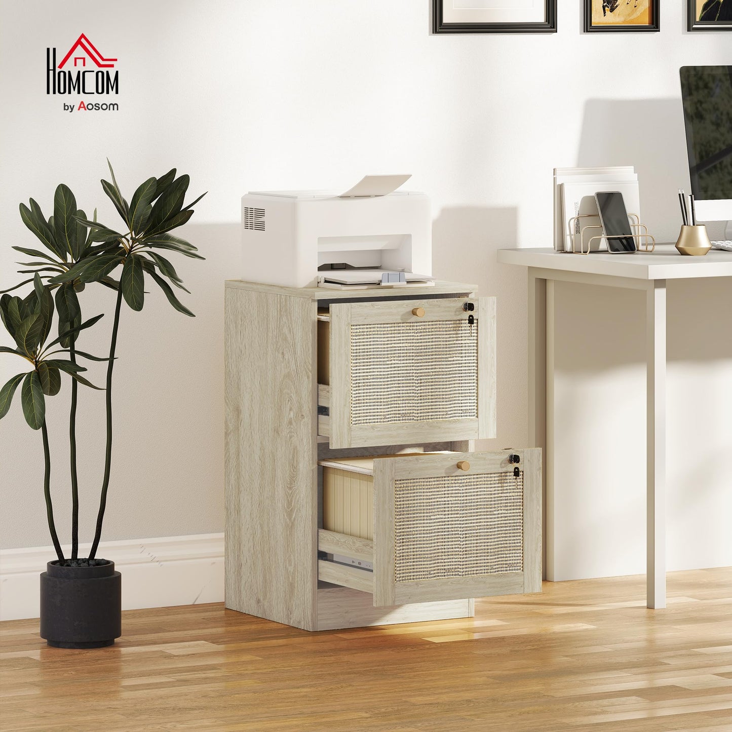 HOMCOM 2 Drawer File Cabinet with Lock, Boho Vertical Filing Cabinet for A4 Letter Size Files, Printer Stand with Decorative Rattan Accents for Home Office, Oak