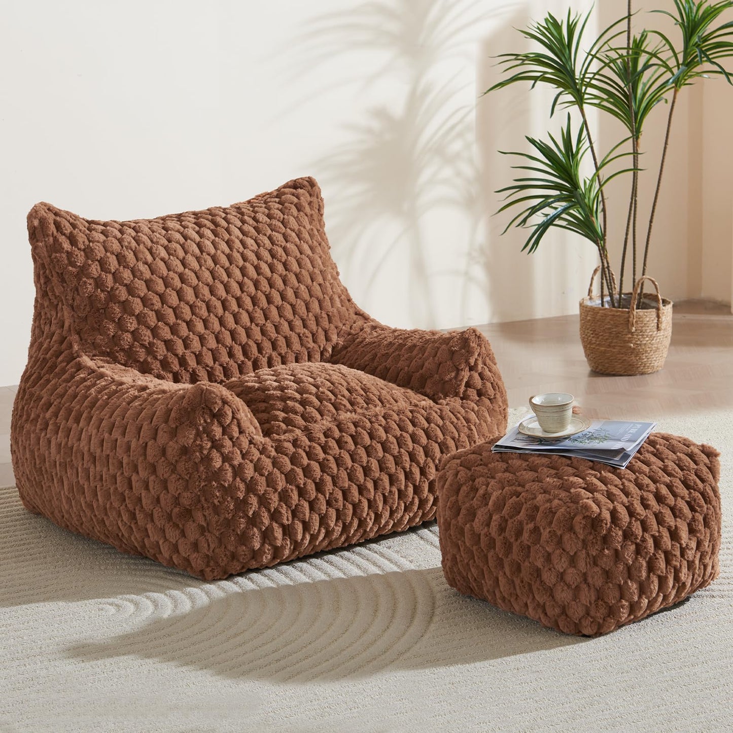 Bean Bag Chair with Ottoman - Modern Comfy Beanbag Sofa with Footrest, Soft Faux Fur Lounger Chair for Adults Teens, Cozy Memory Foam Filled Gaming Reading Chairs for Bedroom, Living Room (Brown)