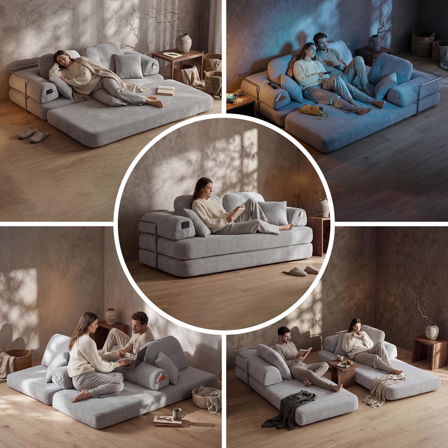 Boneless Floor Sofa, 3-in-1 Convertible Loveseat Sleeper Futon, Modular Small Space Couch Bed with High Headrests & Side Storage Pockets & 2-in-1 Pillow Blanket for Living Room, No Assembly, Bedroom