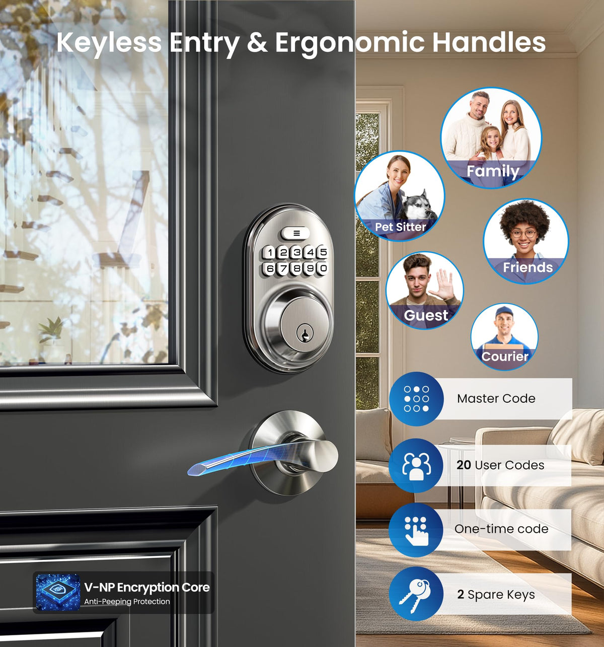 Veise Keyless Entry Door Lock with 2 Lever Handles - Electronic Keypad Deadbolt, Auto Lock, Back Lit & Easy Installation Design, Front Door Handle Sets, Satin Nickel