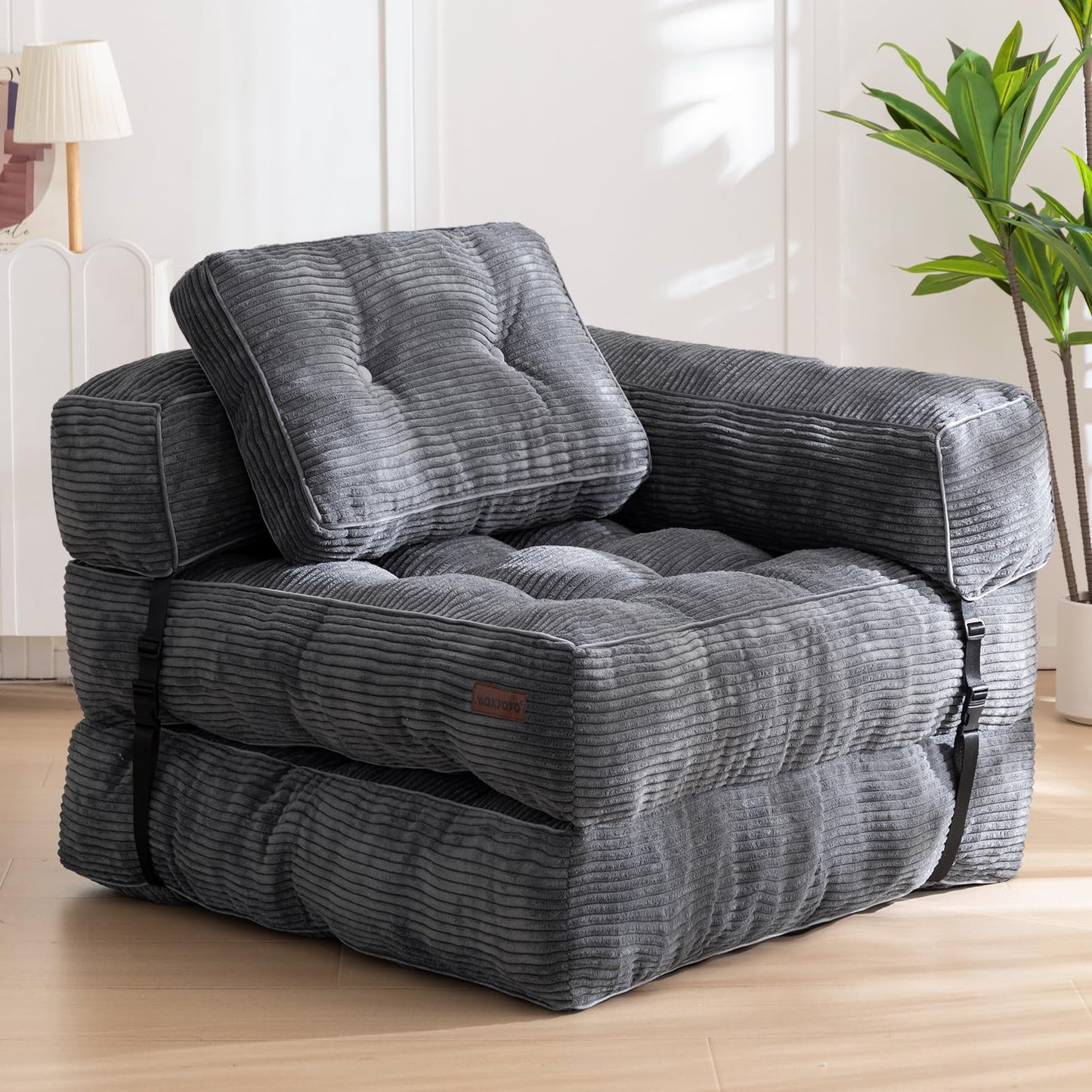 MAXYOYO Folding Sofa Bed, L-Shaped Convertible Sofa Bed with Armrest Foldable Sleeper Sofa with Pillow, Portable Fold Out Chair Bed Comfy Floor Lounge for Living Room Bedroom, Dark Grey
