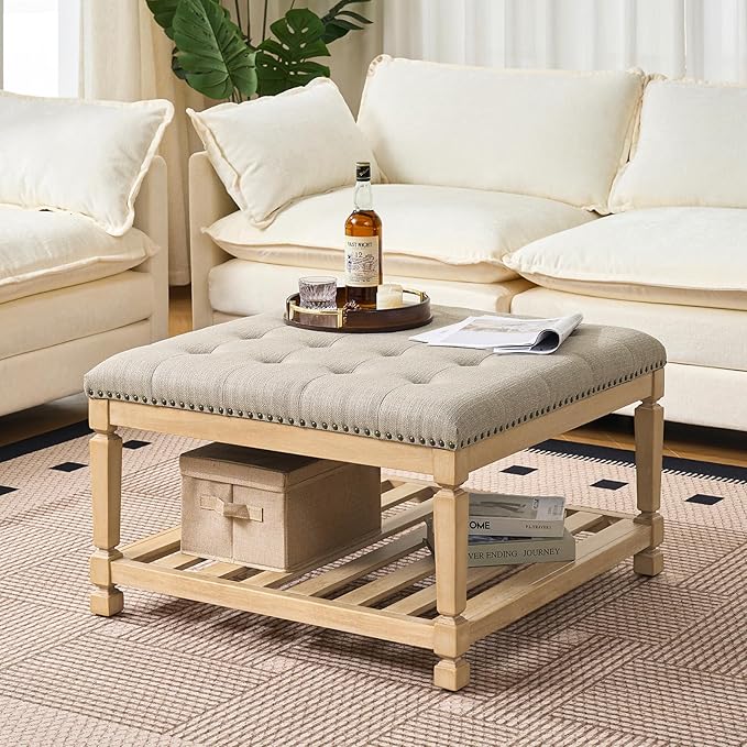 Befurtori Large Square Ottoman Coffee Table, Linen Solid Upholstered Footrest