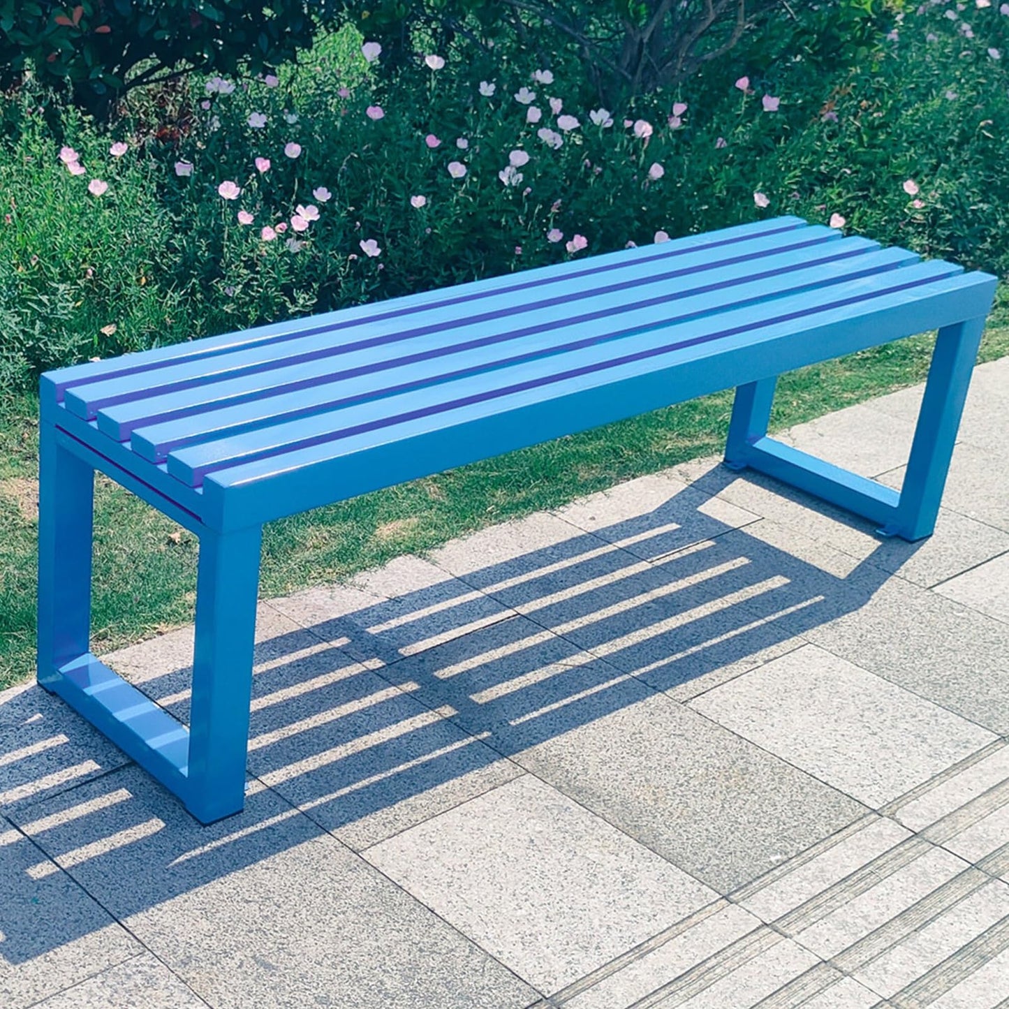 Weatherproof Metal Garden Bench, Steel Frame, Backless Design for Outdoor Lawn & Yard, Durable Seating for Parks, Schools & Patios,Blue,39.37in/100cm