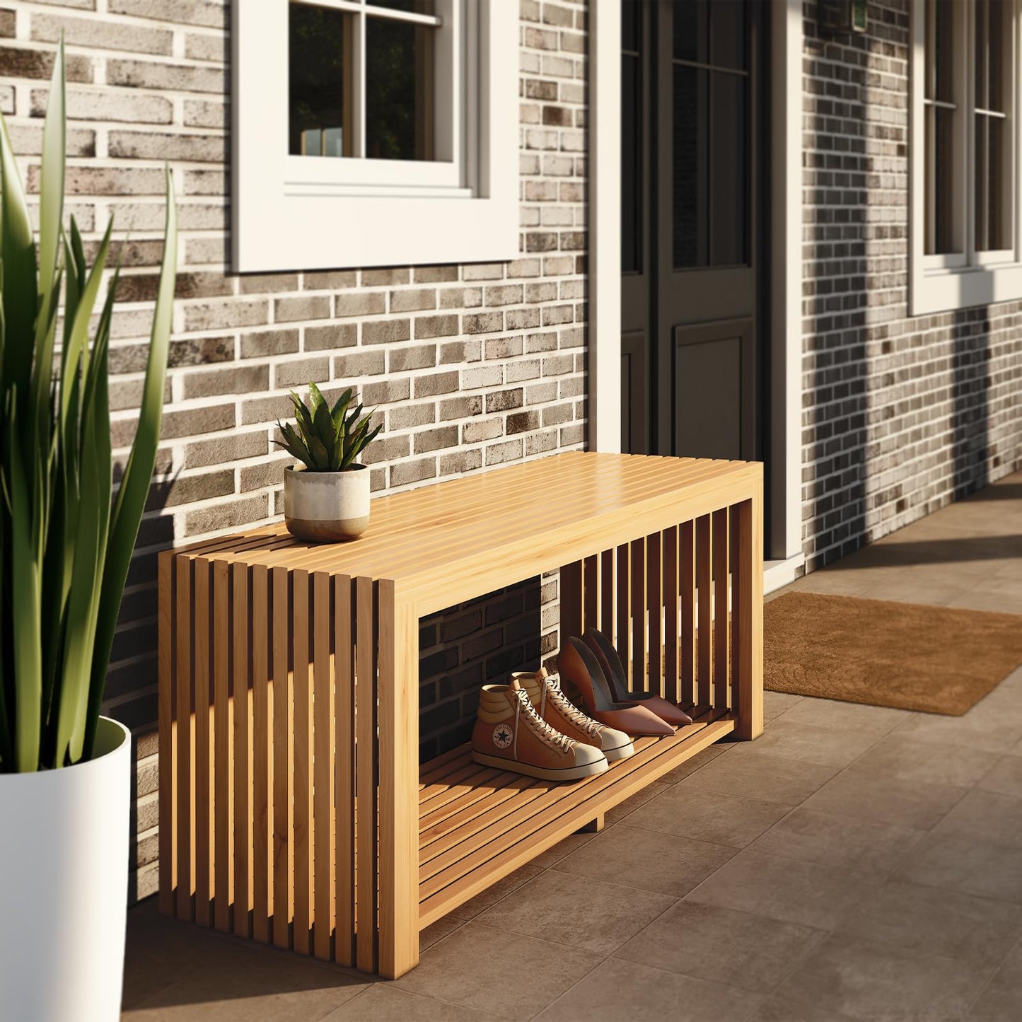 Bamboo Bench with Shelf, 35-in Entryway Bench Seat for Indoor, Natural