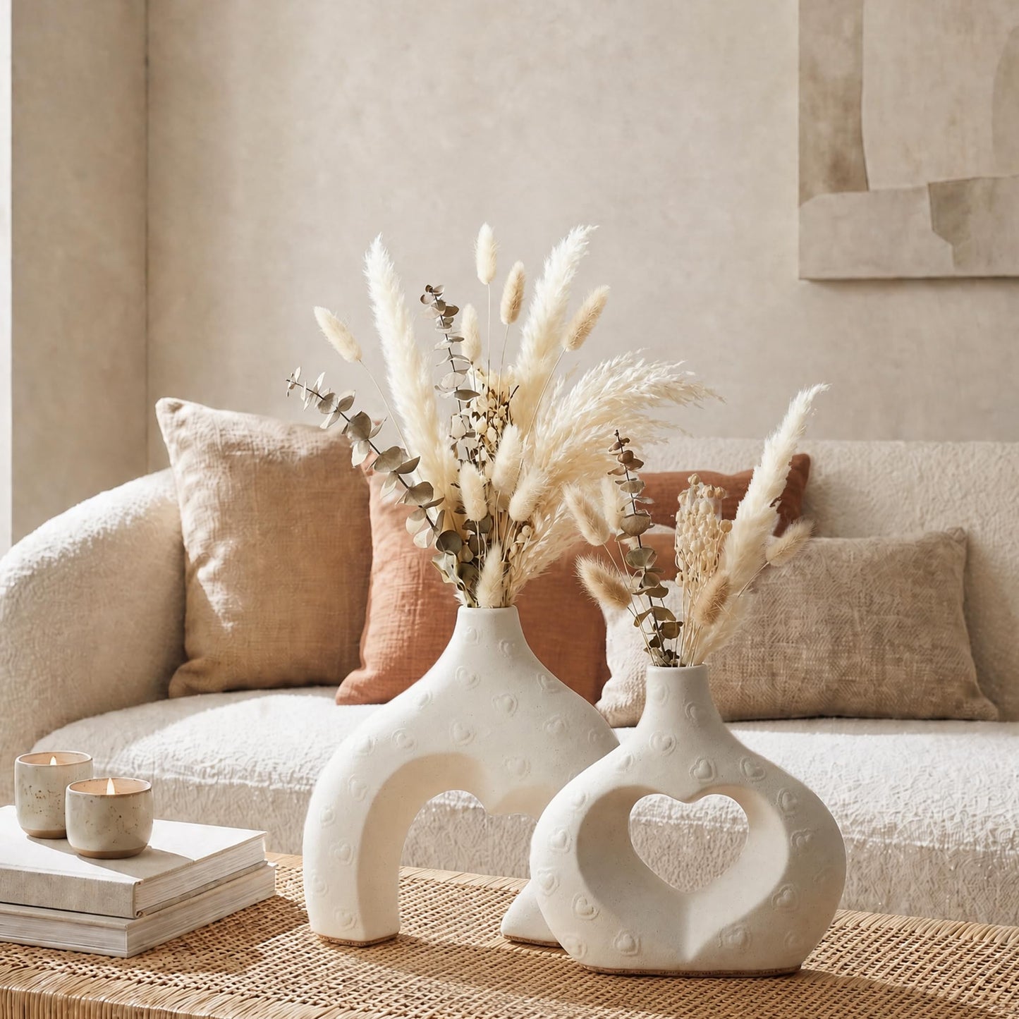 White Ceramic Flower Vases Table Decor Heart Shaped Vase Set of 2