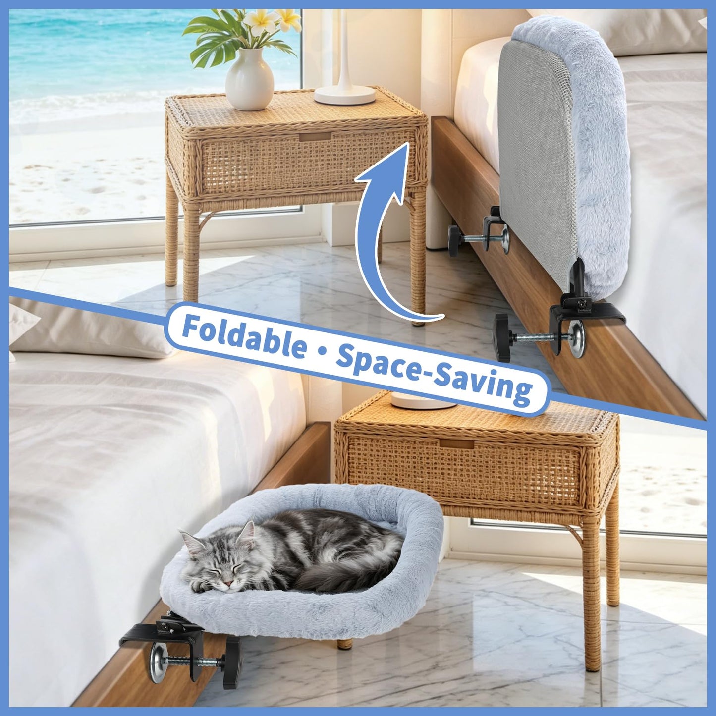 Midollarle Bedside Cat Bed, 23"x14" Spacious Pet Beds Attached to Human Bed, Soft Plush Foldable Cat Beds with Steel Clamp, Removable & Washable Pet Bed Supports Up to 40lbs