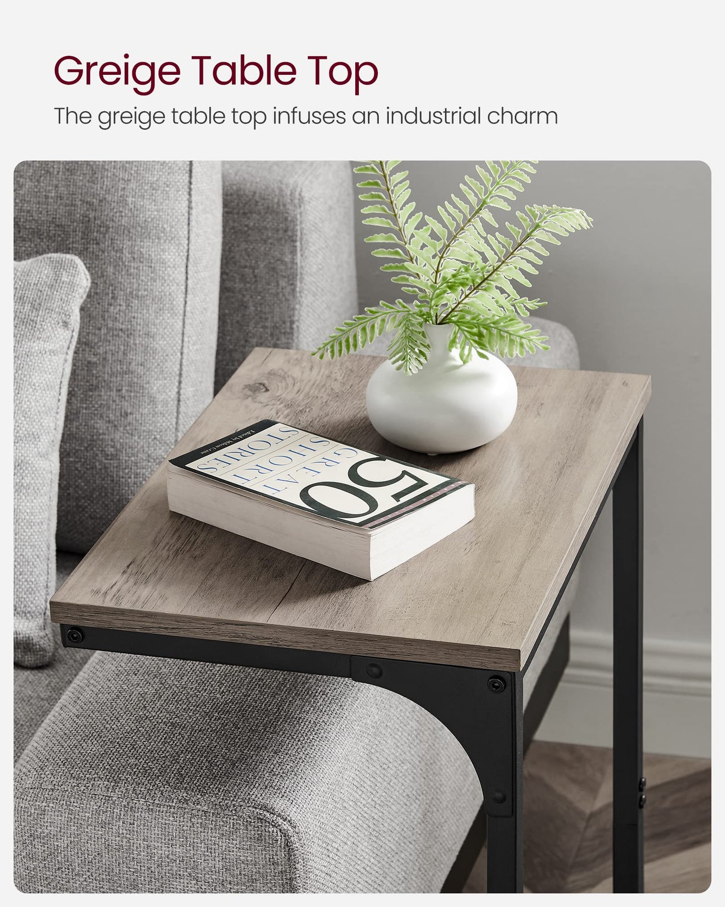 VASAGLE C-Shaped End Table, Side Table for Sofa, Couch Table with Metal Frame, Small TV Tray Table for Living Room, Bedroom, Greige and Black ULET353B02