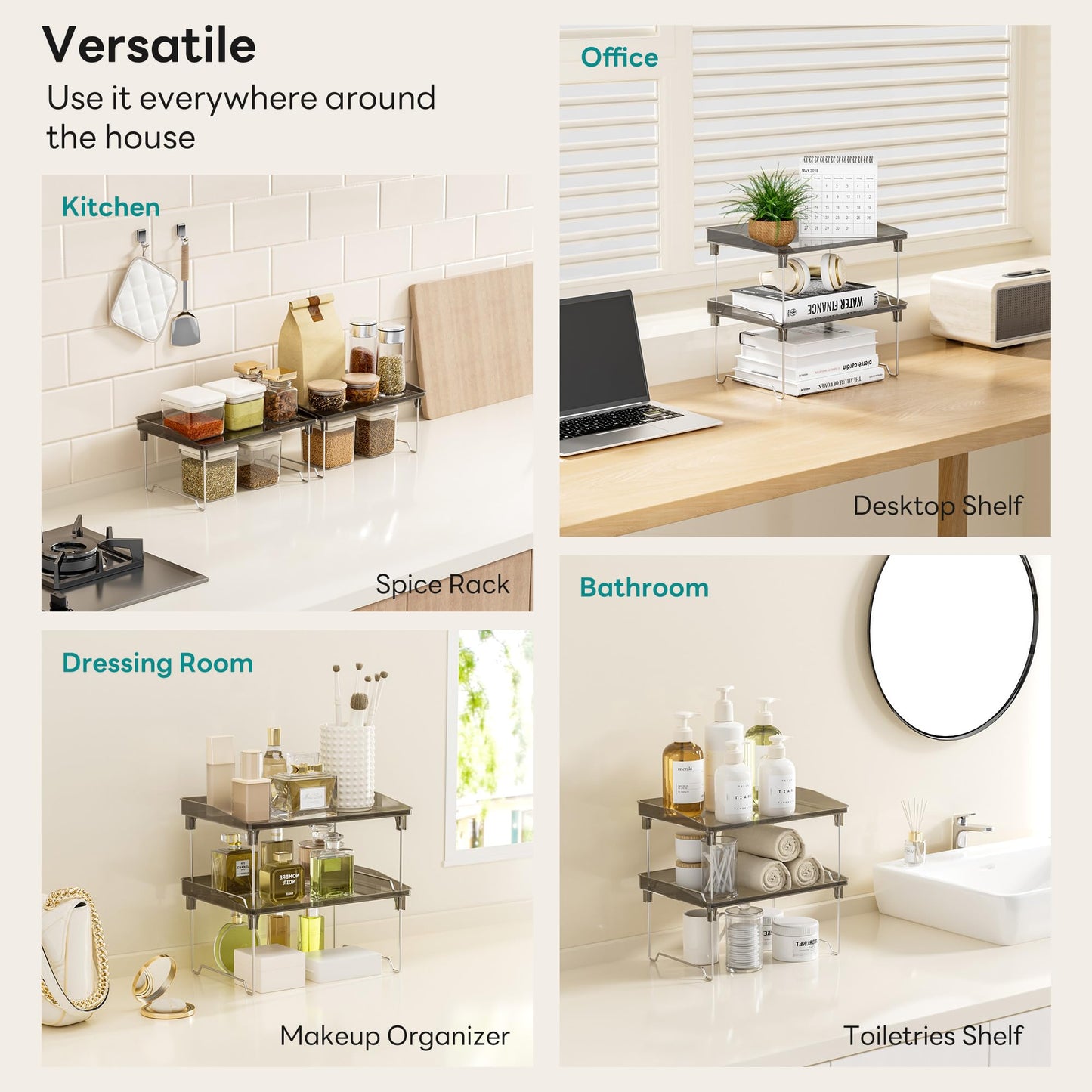 STARLATTA 2 Pcs Cabinet Organizer Shelf，Stackable Kitchen Counter Shelves, Spice Rack,Countertop Organizers，Black Plastic Storage Shelves Rack for Makeup，Bathroom, Cupboard，Desk，Pantry Organization
