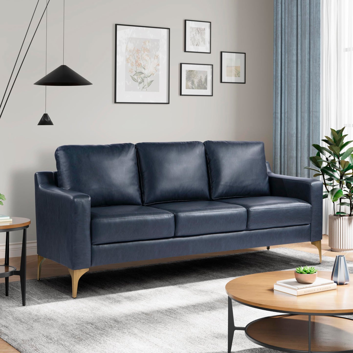 Serta Triton 78" Sofa, Transitional Modern, Dreamcoil Comfort, Metal Legs, Vegan Leather, Navy Blue