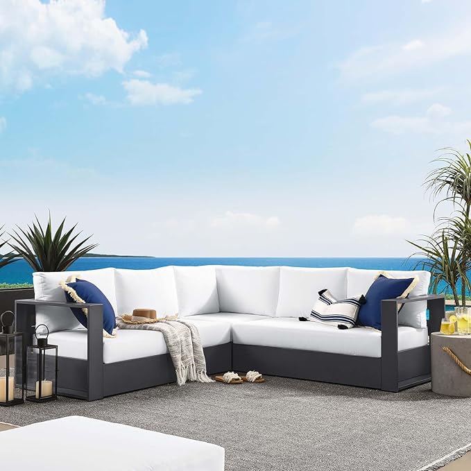 Modway Tahoe Aluminum 3-Piece Outdoor Patio Furniture Gray White, Modular