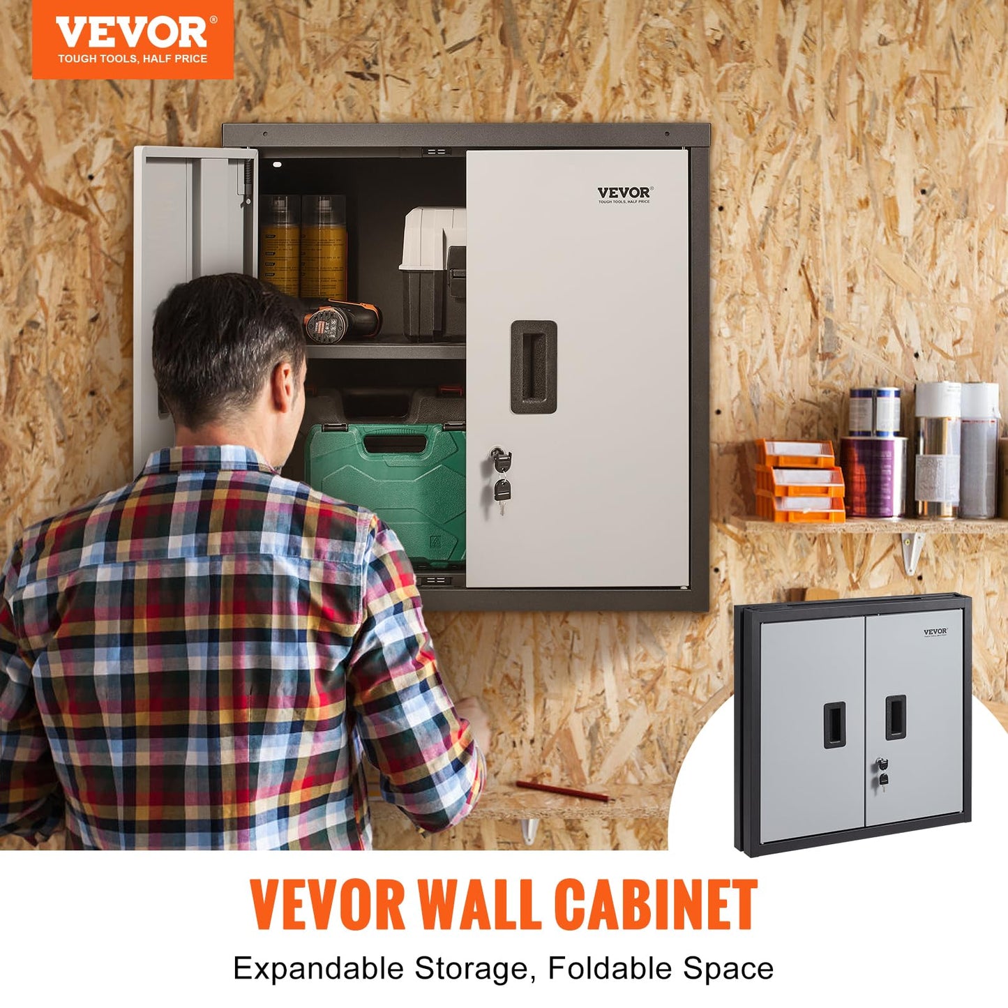 VEVOR Foldable Wall Cabinet, Metal Garage Locker Mounted 26" Small Tool Chest 240 LBS Loading Capacity Adjustable Shelf Magnetic Door File for Warehouse Office Home Black