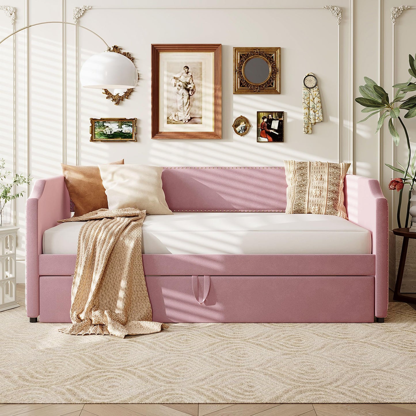 QVUUOU Twin Size Velvet Upholstered Daybed with Pop Up Trundle, Beige - Space-Saving Sofa Bed for Guest Room or Kids' Room