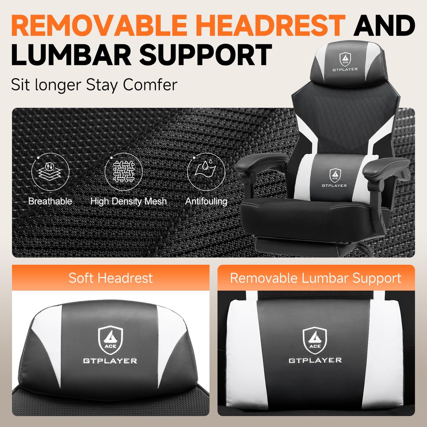 GTPLAYER Computer Chair with Adjustable Footrest, Ergonomic Gaming Chair with Headrest and Lumbar Support, Breathable Mesh Office Chair for Adults, High Back Reclining Desk Chair for Gaming and Office