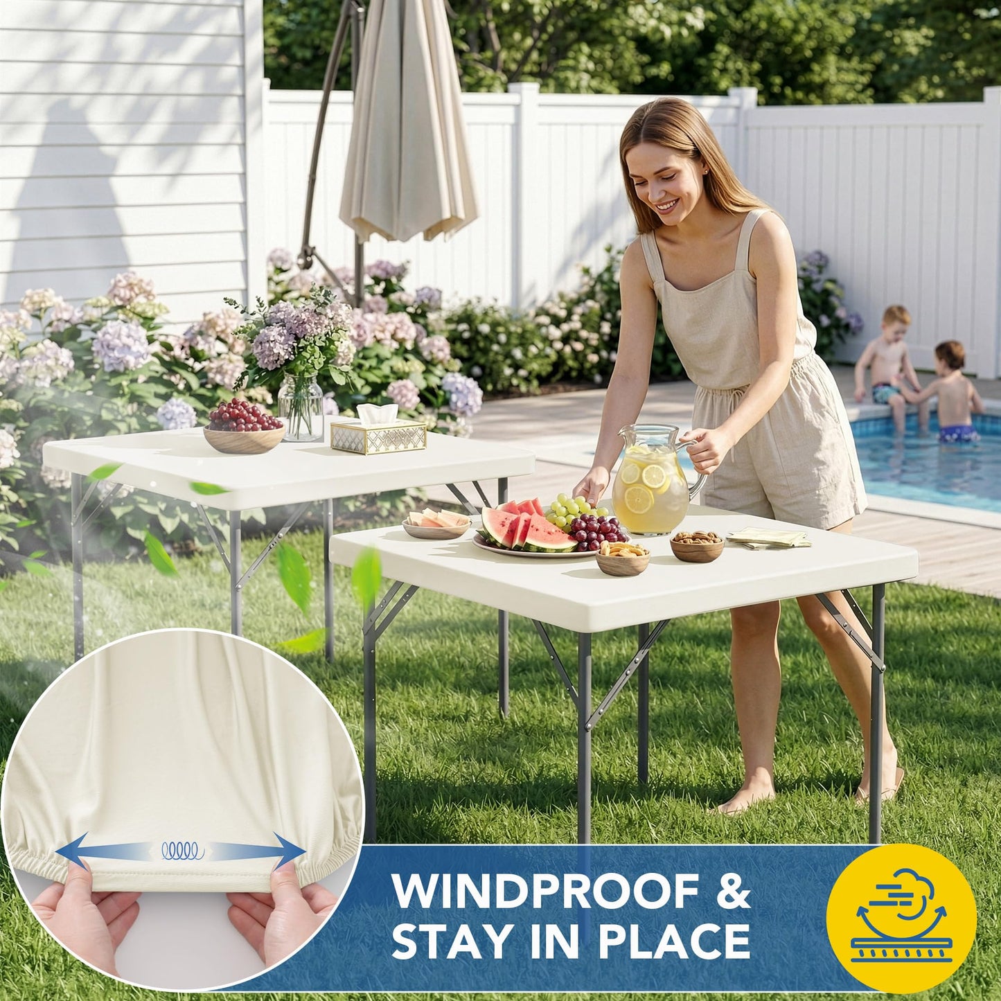 Enjoyidea Square Fitted Tablecloth 34x34 Inch-2 Pack Cream Elastic Spandex Table Cover-Small Stretch Card Folding Table Cloths Topper Cap for Kitchen Dining Picnic Patio Outdoor Party Tables