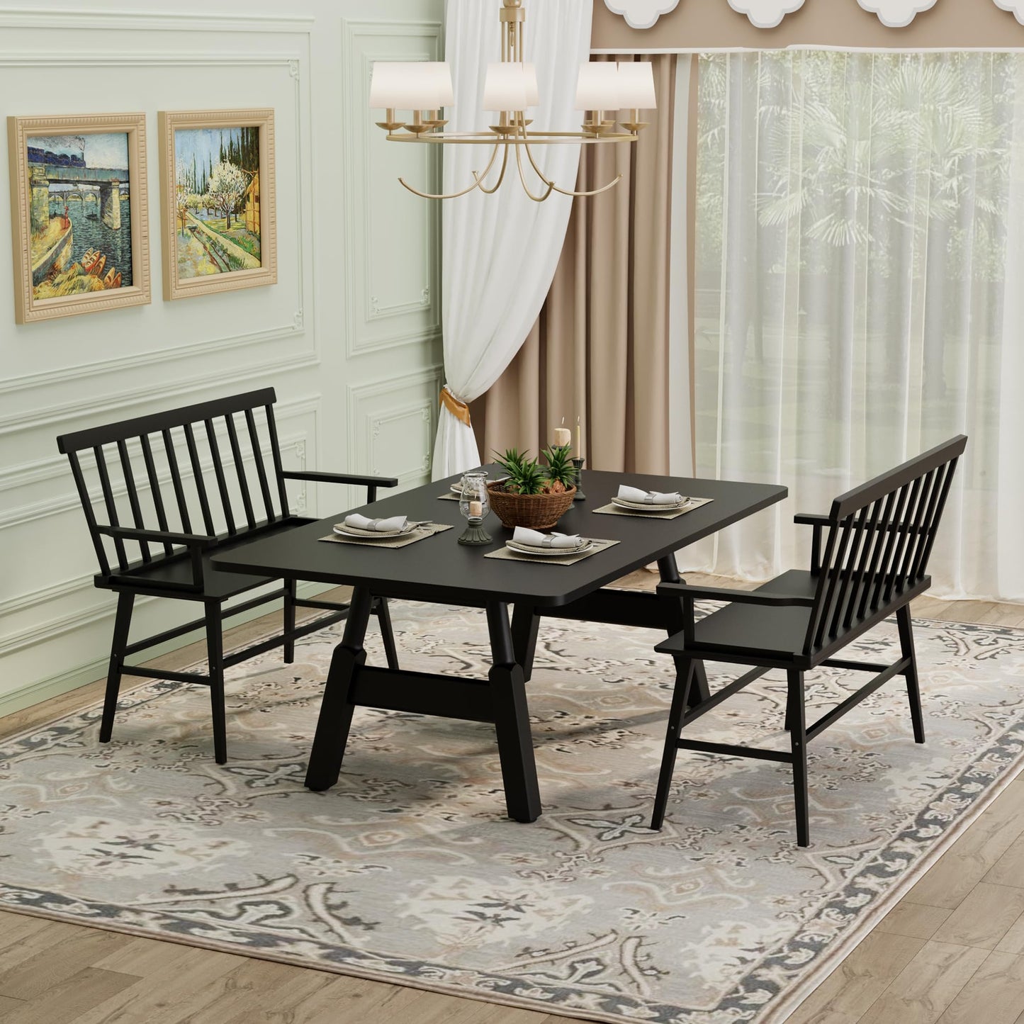 Wisuce Essentials Bamboo Dining Bench, Entryway Bench with Spindle Back Farmhouse Wood Windsor for Foyer Balcony Living Room (Black)