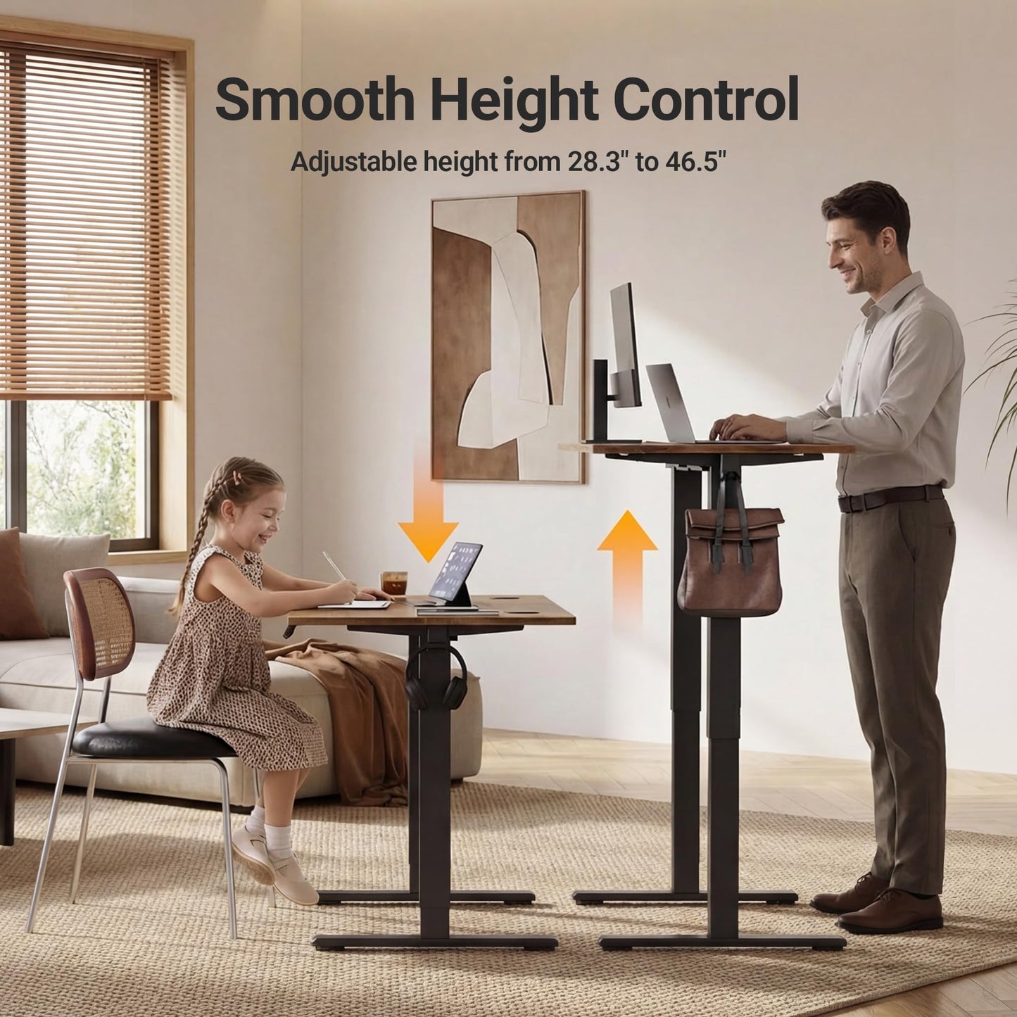 Claiks Electric Standing Desk, Adjustable Height Stand up Desk, 48 * 24 Inches Sit Stand Home Office Desk with Splice Board, Black Frame/Vintage Brown Top