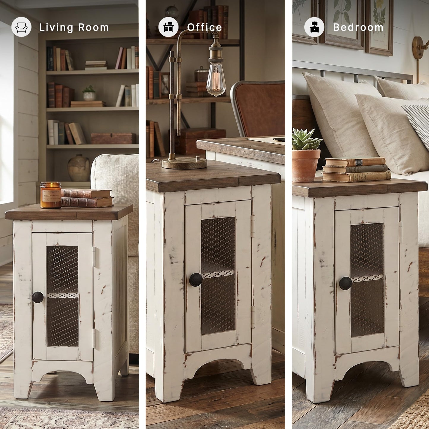 Signature Design by Ashley Wystfield Farmhouse Chair Side End Table with Cabinet Door for Storage, White & Brown with Distressed Finish