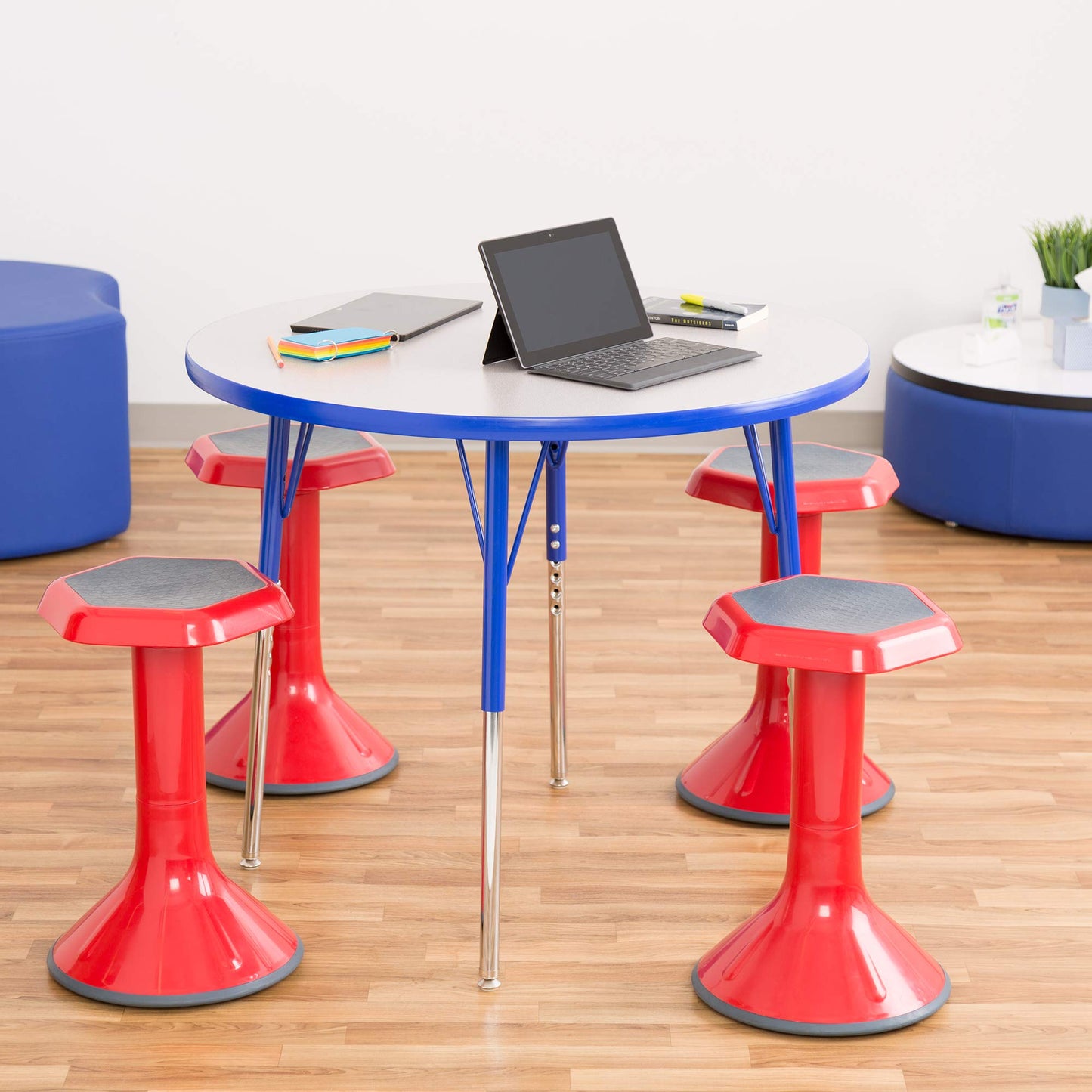 Norwood Commercial Furniture Adjustable Height Classroom Activity Table for Kids & Adults, Round Activity Table for School and Home, 36" D x 36" W x 30" H, Gray/Blue