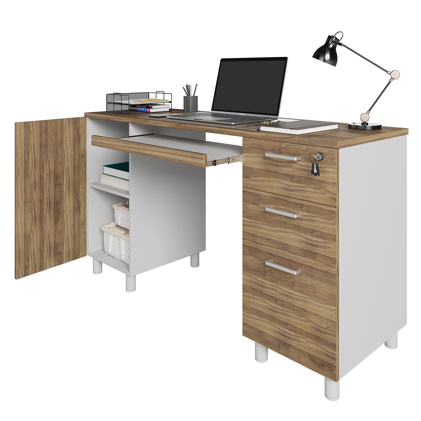 Modern Design Venice Computer Desk with Lockable Drawers, 53 Inch Home Office Desk with Storage Cabinet, Keyboard Tray & Cable Management, Modern Study Writing Desk for Small Spaces, Walnut and White