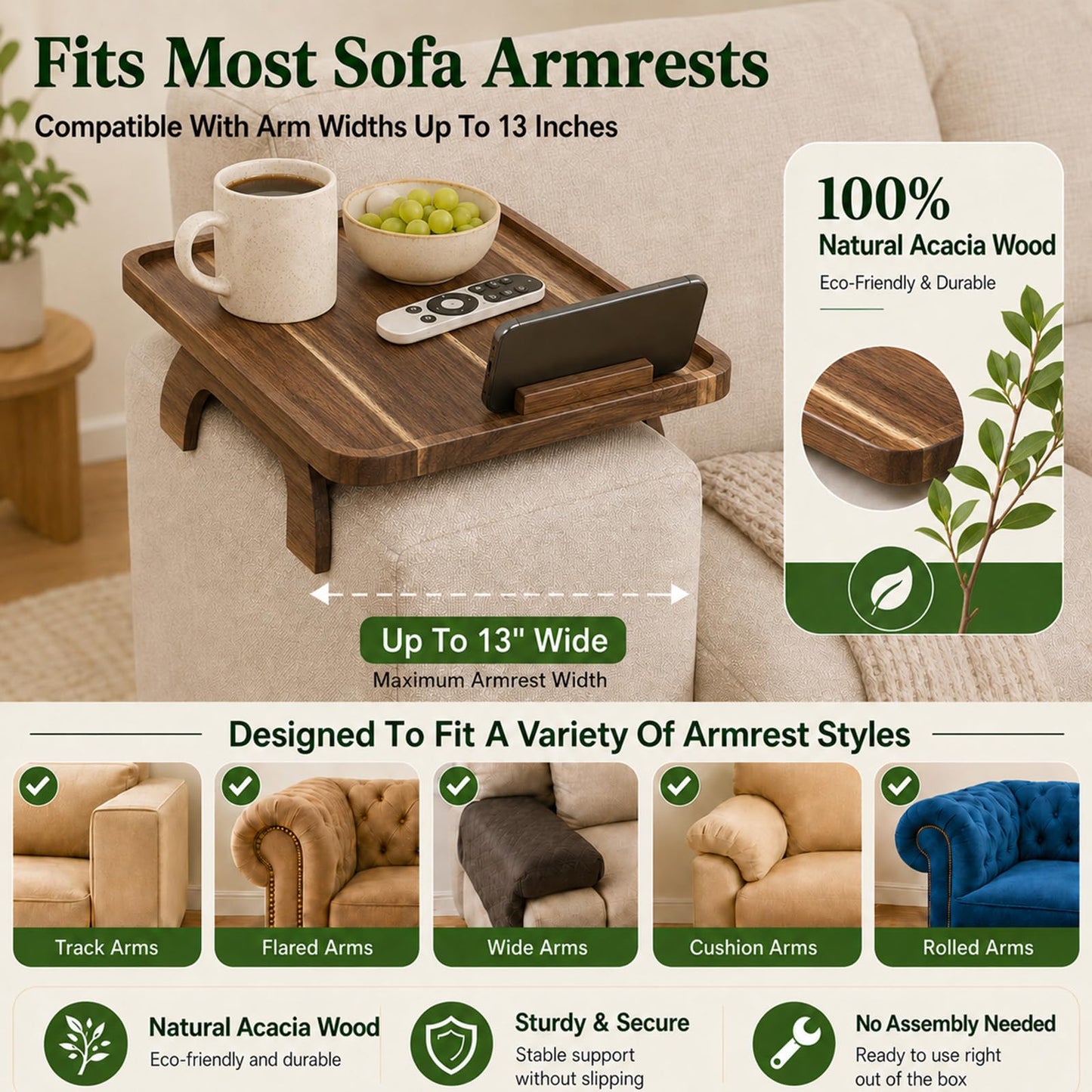 Couch Trays & Sofa Armrest Table - Multi-Functional Arm Trayes for Couch, Perfect Sofa Arm Tray Table for Snacks & Drinks