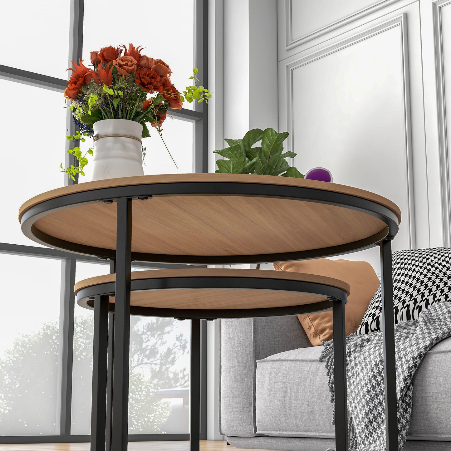 HOJINLINERO Round Coffee Table,Nesting Coffee Table Set of 2,Center Tables for Living Room,Office, Home Small Space,Stacking Side Tables,Sturdy and Easy Assembly,Wood Desktop,Black+Teak OAKDK,Large