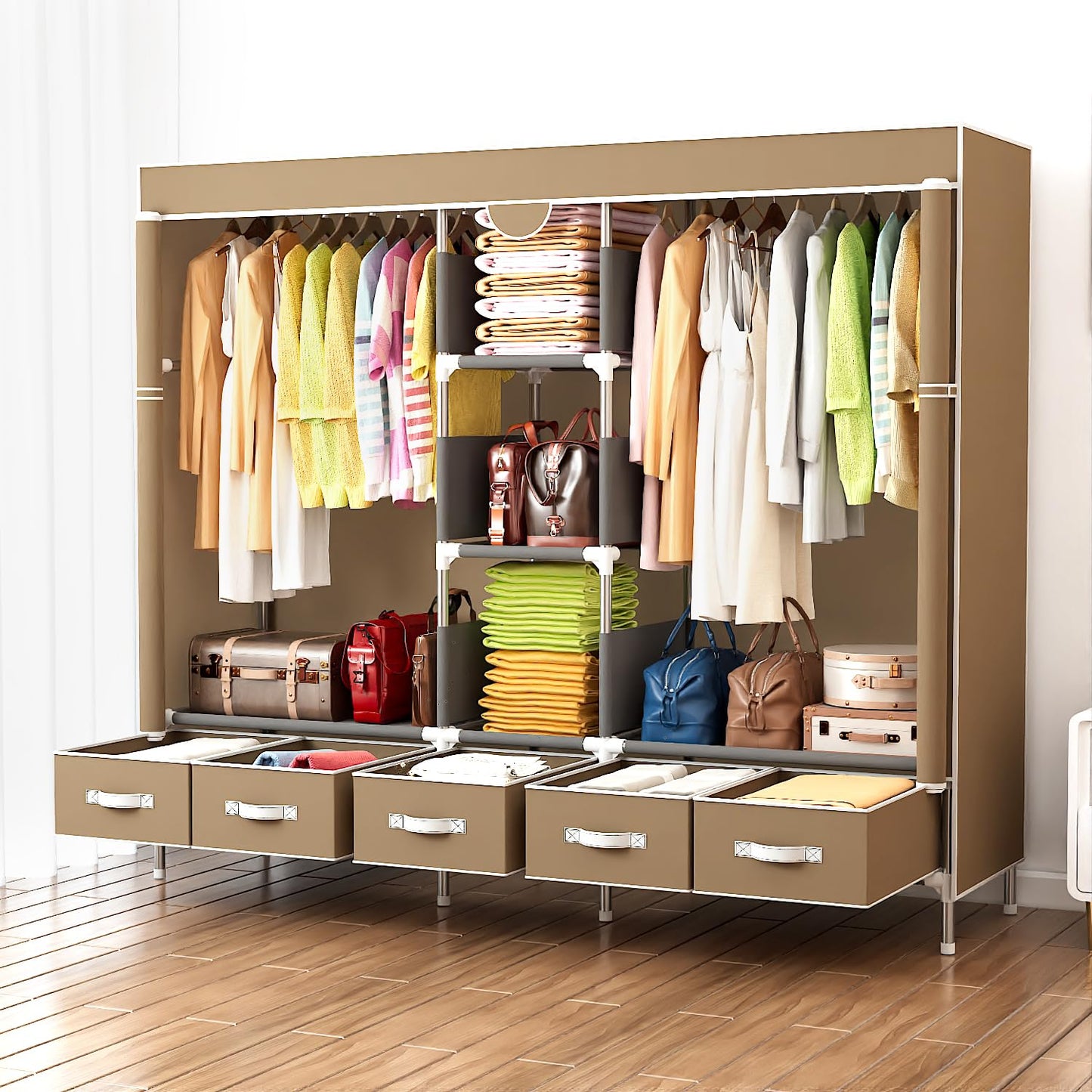 Kabudar Portable Fabric Closet with 5 Drawers, 72.8x17.7x67.7 Inch Sturdy Clothing Storage Organizer with Hanging Rod, Non-Woven Wardrobe for Bedroom Dorm Apartment (Coffee)
