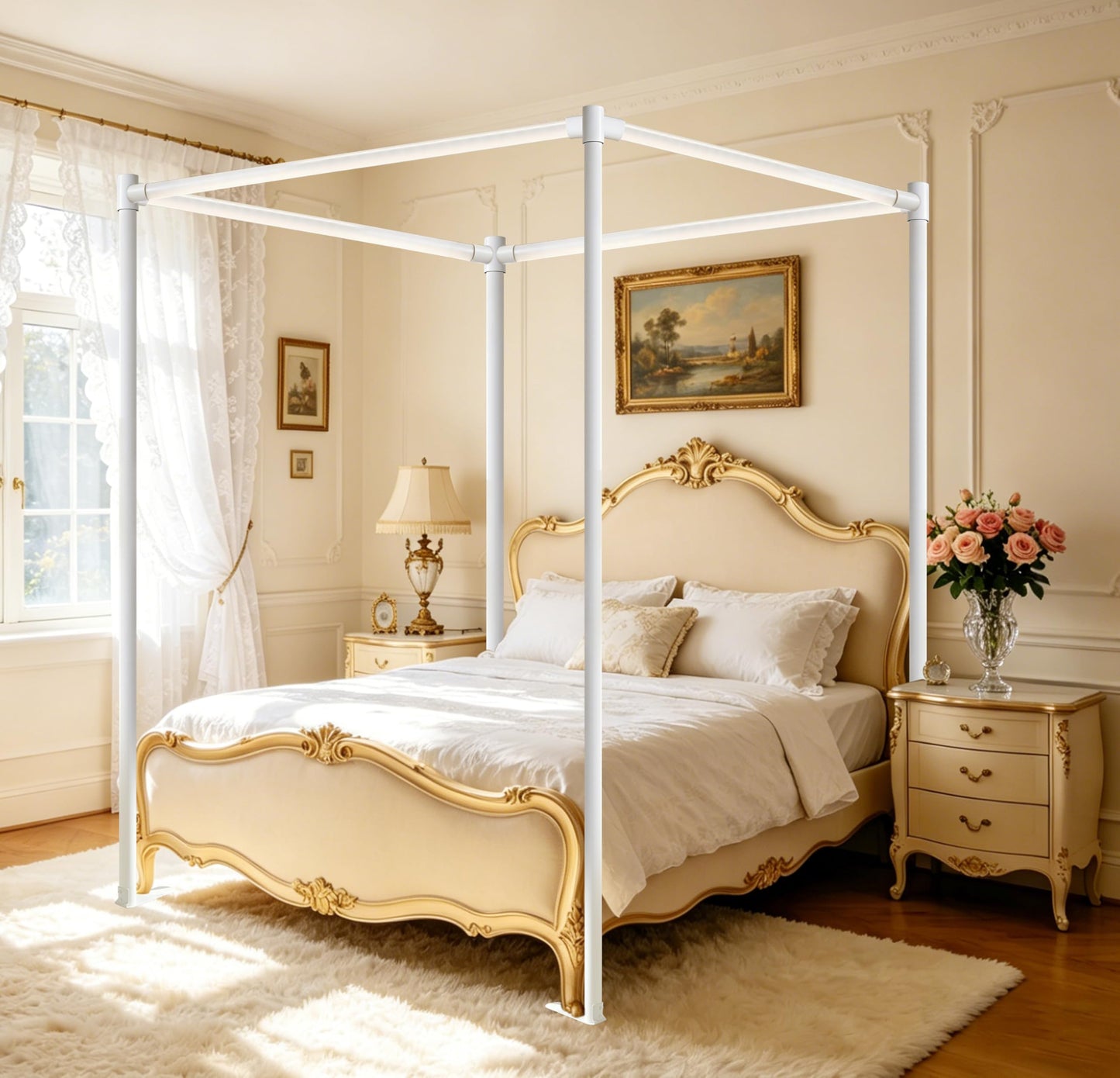 HYH-BULB Full Size Canopy Bed Frame, Thickened Metal Poles with Four Durable Corner Brackets, Compatible with Metal/Wood