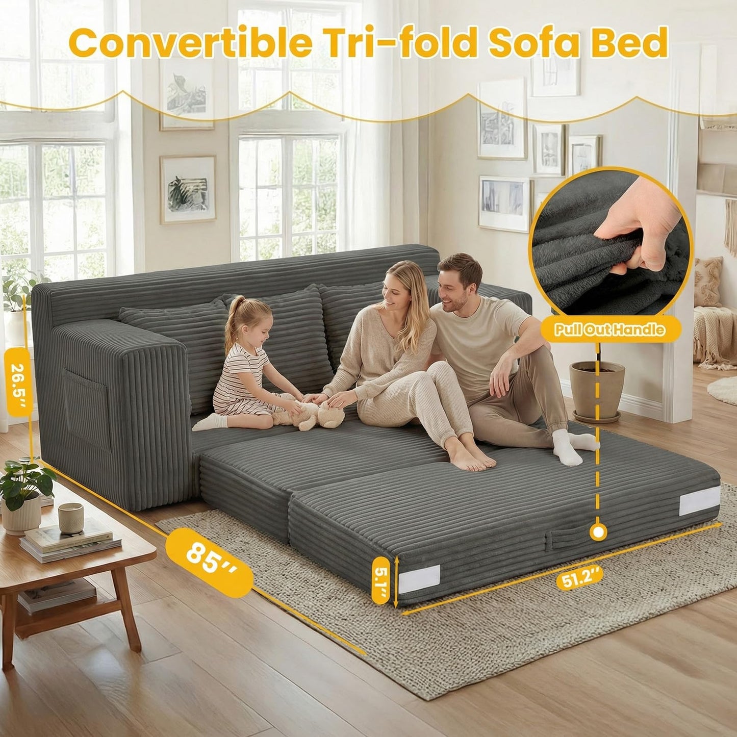 Boneless Couch,3 Seater Boneless Couch Bed – 3-in-1 Convertible Sleeper Sofa with Side Pockets & Handle,Pull Out Corduroy Futon for Small Space,Living Room & Bedroom, 3 Pillows Included,No Assembly
