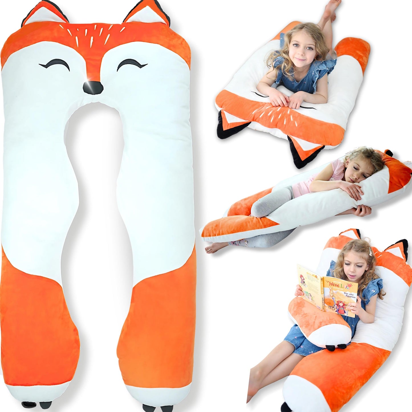 LUNAMIRA Fox Kids Body Pillow - 47" U-Shape Long Plush Soft Animal Pillow for Kids, Sleeping, Reading, ADHD & Special Needs Comfort, Anxiety, Washable Cover, Snuggle Fun Cuddle Gift for Boys & Girls