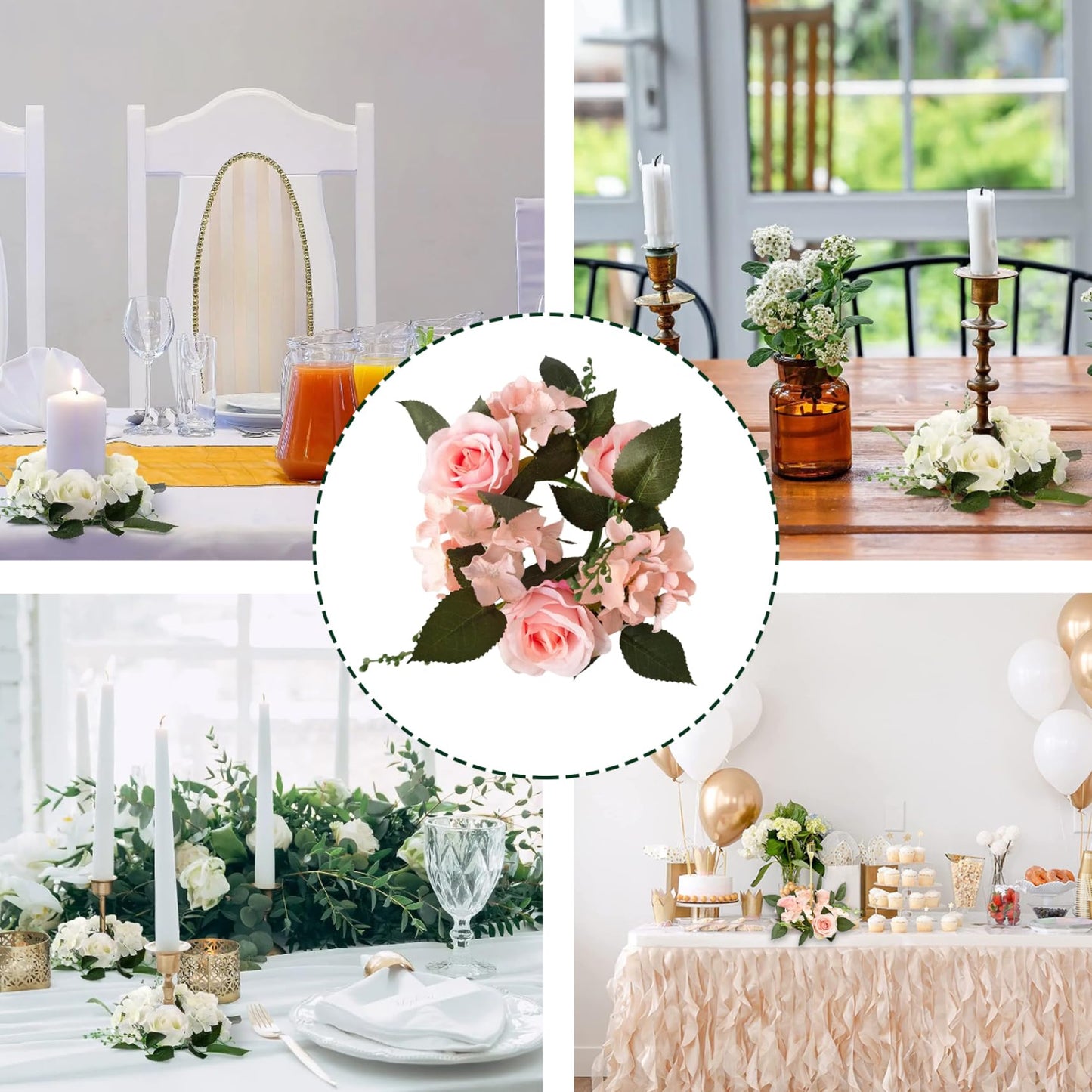 Comebachome Candle Rings Wreaths, 4inch Artificial Rose Candle Wreath Rings, Decorative Candle Floral Wreaths Desk Decorations for Wedding Dining Table Decor(Pink), Standard, Style 2