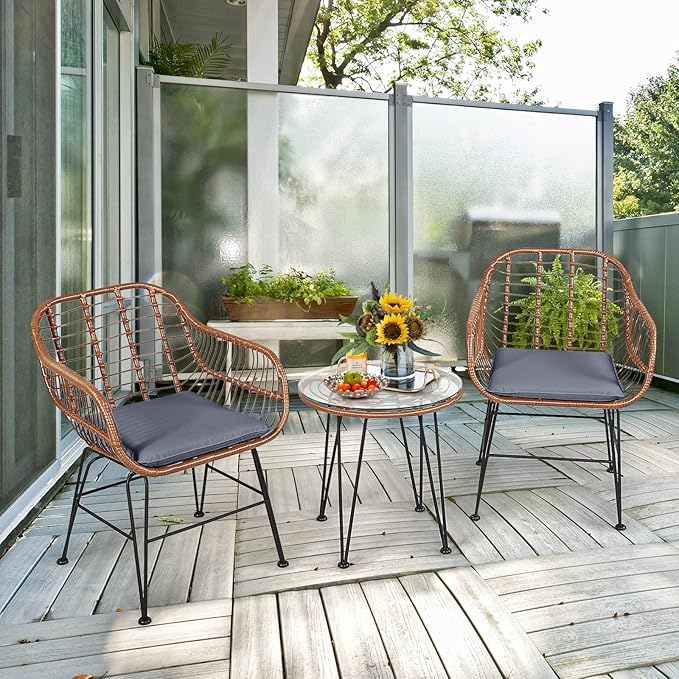 Tangkula 3 Pieces Patio Conversation Bistro Set, Outdoor Wicker Furniture
