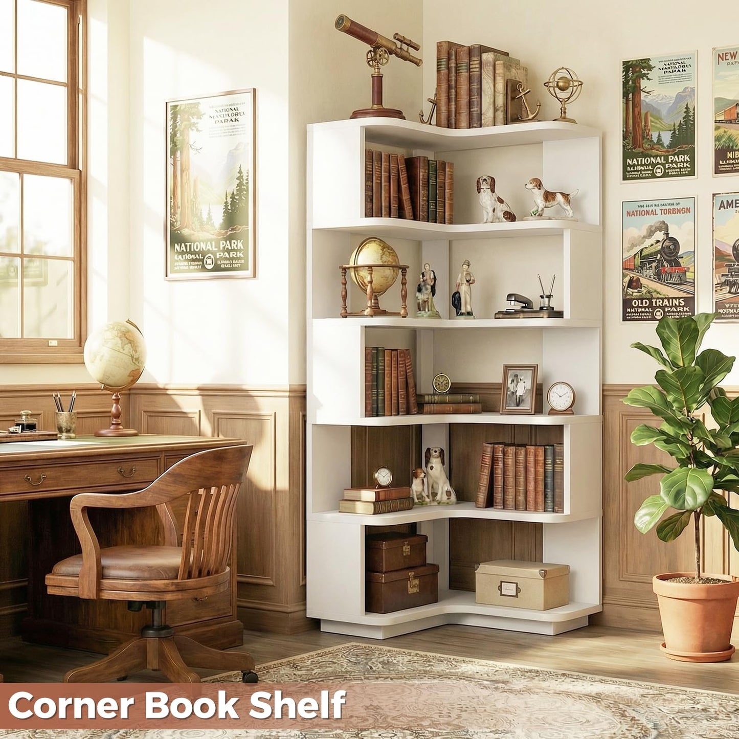 Besiost Corner Book Shelf, 6-Shelf Corner Bookshelf for Small Corner Spaces, L-Shape Bookcase Corner Display Shelf for Home Office, Living Room, Bedroom, White
