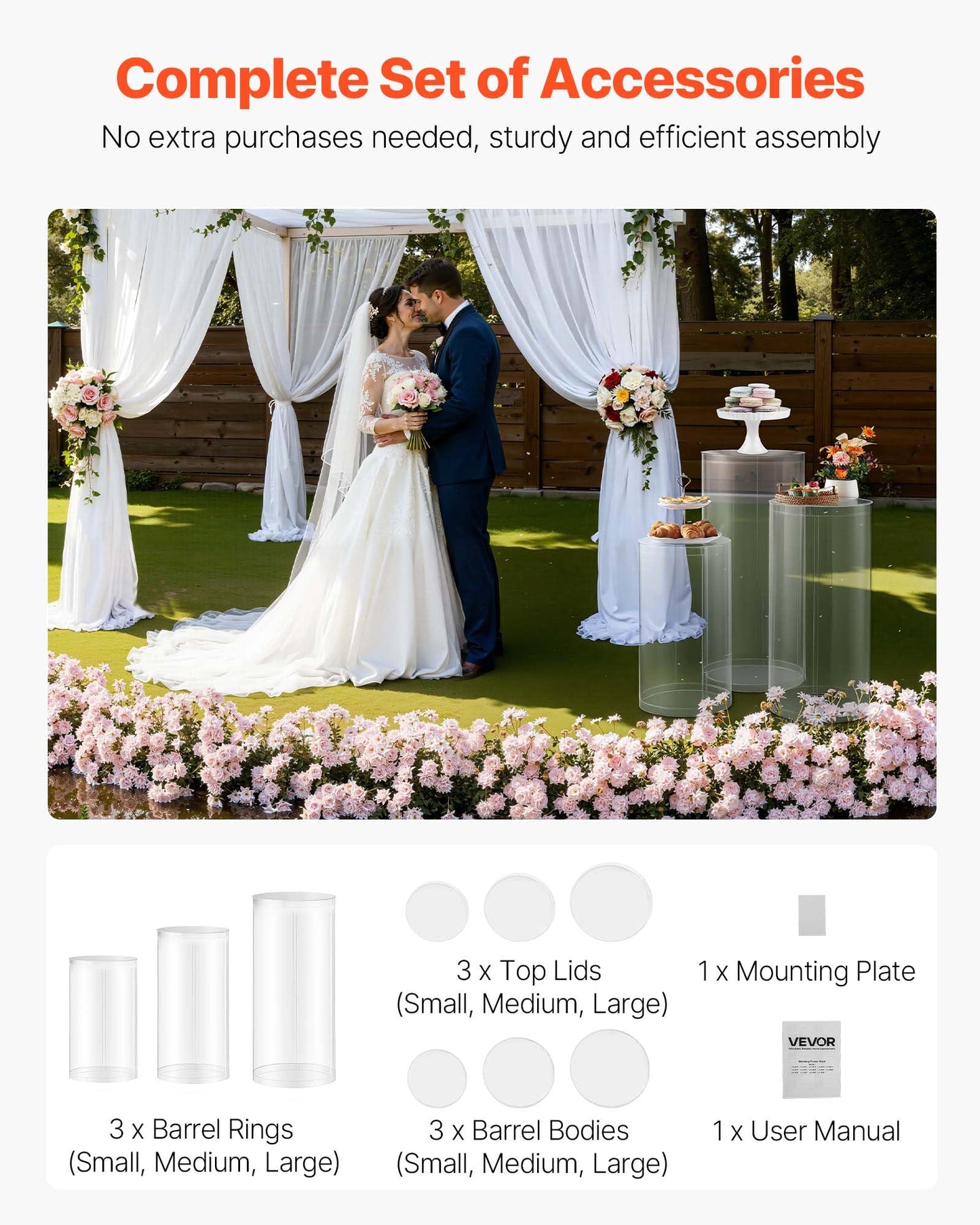VEVOR Wedding Flower Stand, 3PCS 23.62/29.53/35.43 inch Round Cylinder Plinth, Clear Pedestal Stand with Transparent Acrylic Lid, Cylindrical Pedestal Stands for Wedding, Party, Birthday, Art Decor