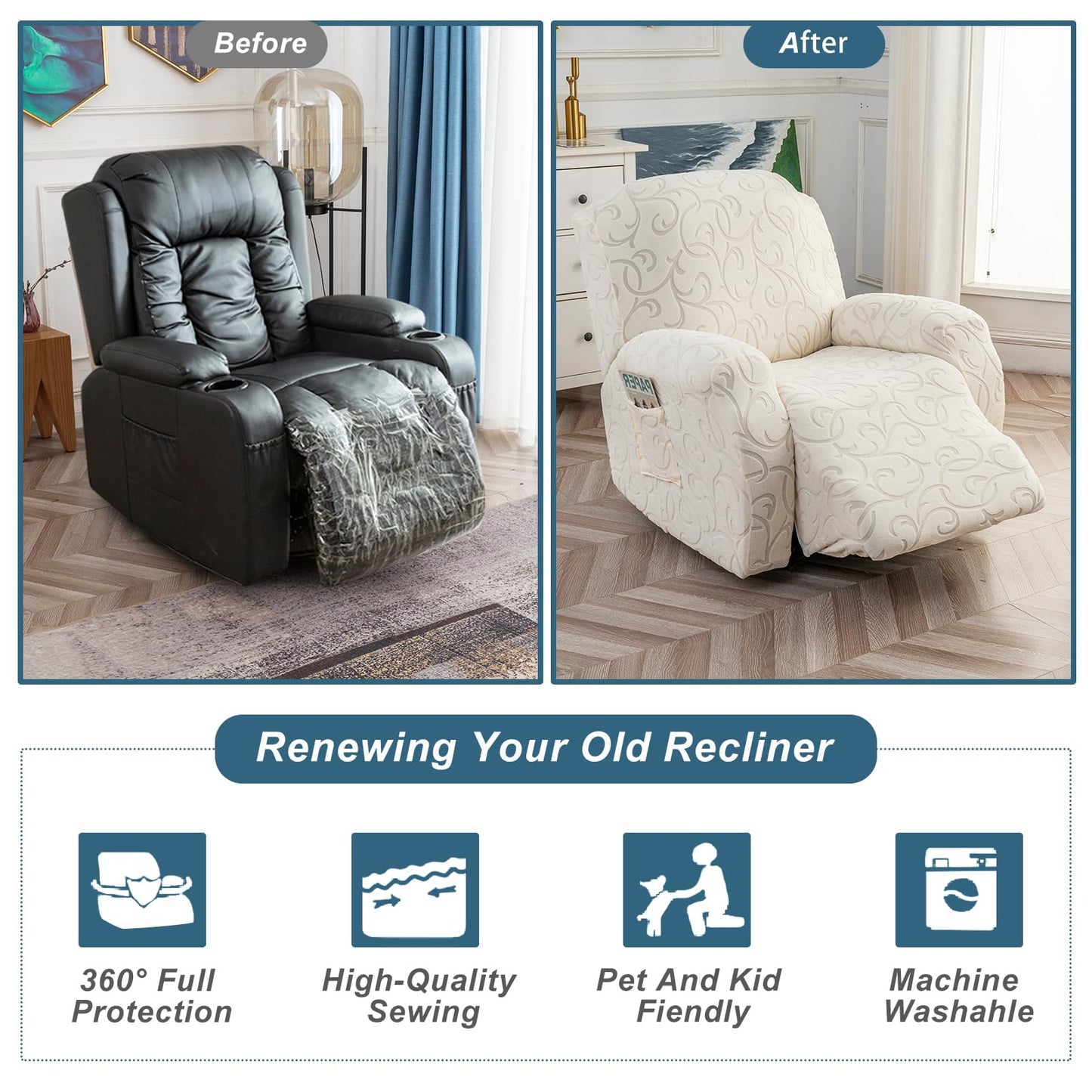 YUEANG 4 Pieces Recliner Cover Stretch Sofa Slipcover, Sofa Couch Cover for Reclining Couch 1 Seat, Washable Furniture Protector with Elastic Bottom for Kids, Dog