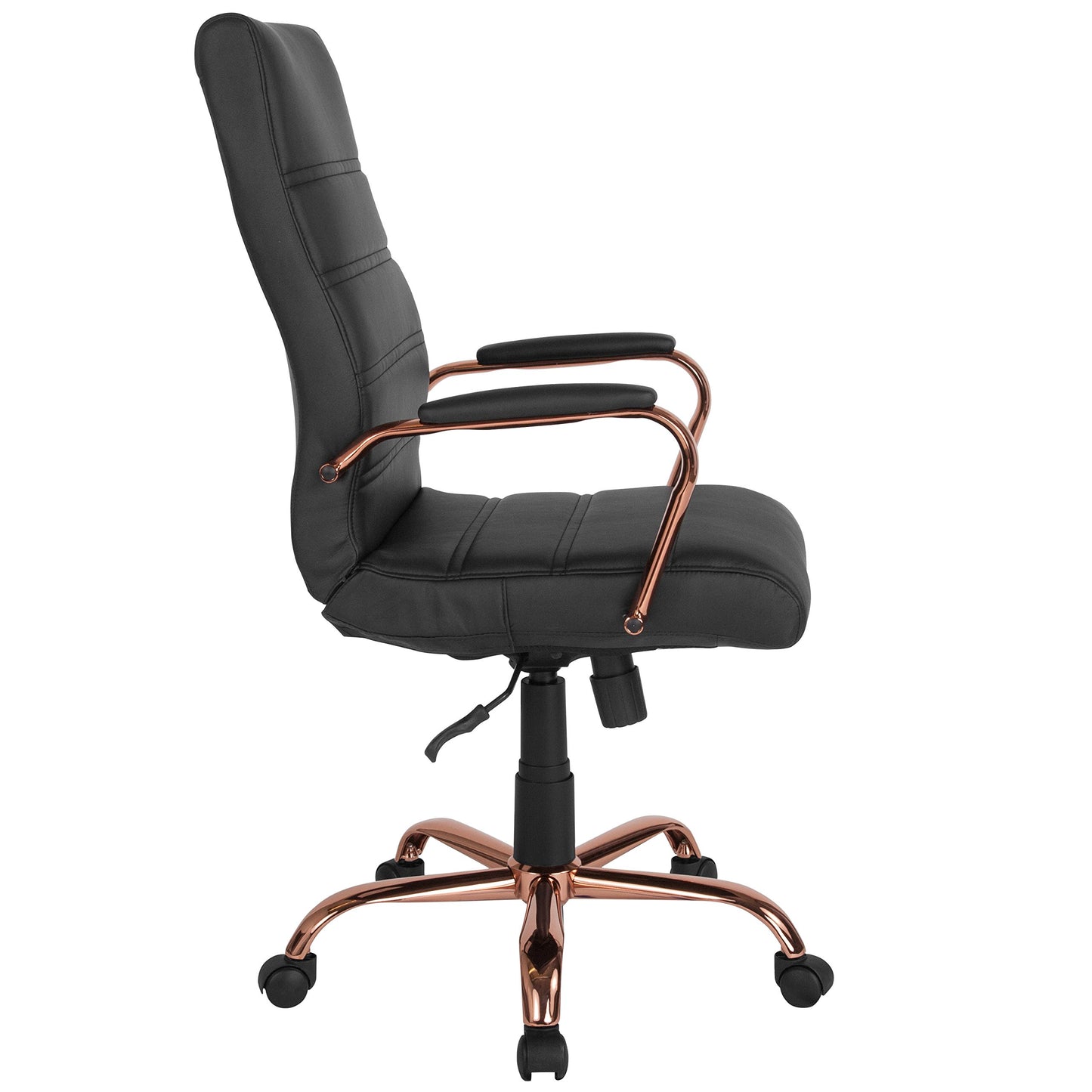 Flash Furniture Whitney High-Back Swivel LeatherSoft Desk Chair with Padded Seat and Armrests, Adjustable Height Padded Office Chair, Black/Rose Gold